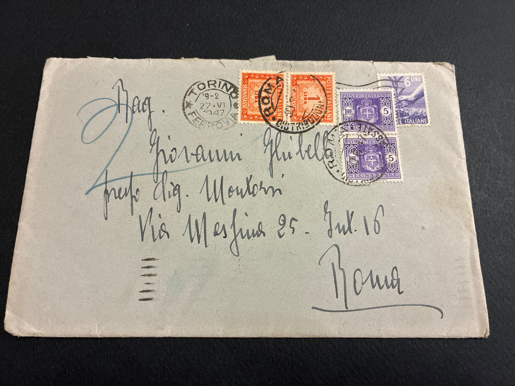 Busta 1947 da Torino a Roma in tariffa Democratica da 6 lire integrata con segnatasse per tassazione da 12 lire per fuori peso.