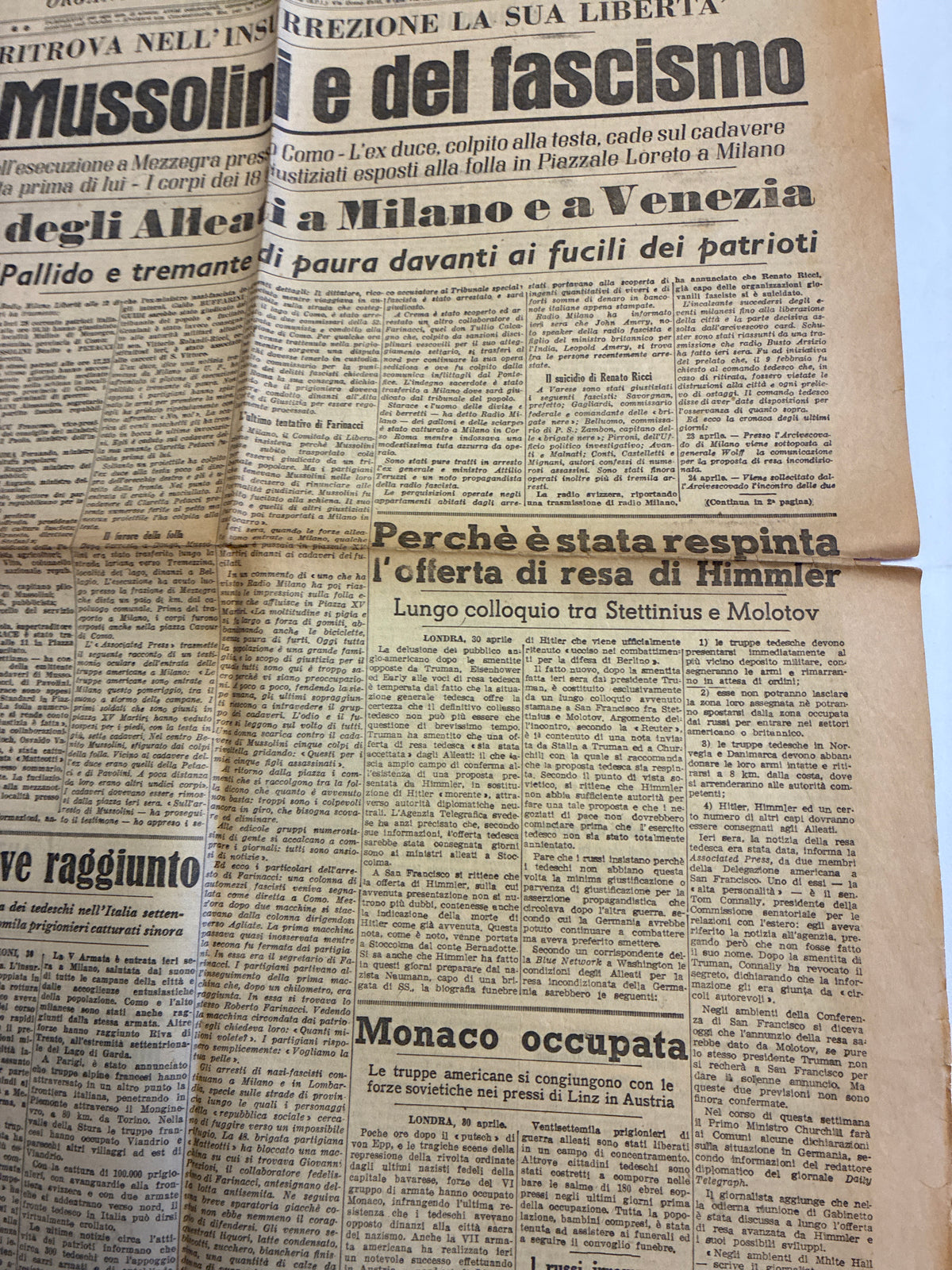 Quotidiano Storico RISORGIMENTO LIBERALE 30 Aprile 1945 - Rara Edizione Originale "Fine di Mussolini e del fascismo" (Piazzale Loreto)