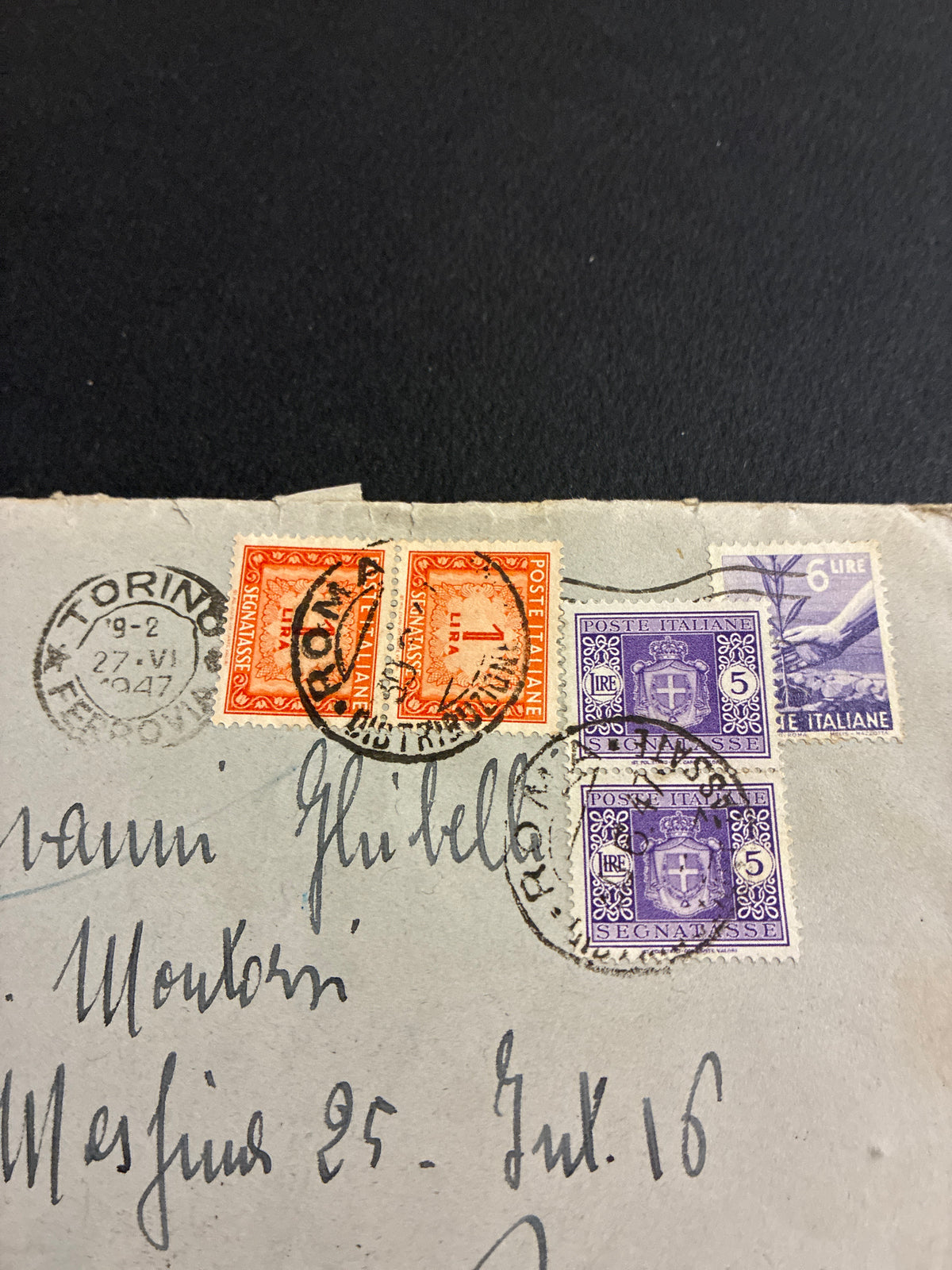 Busta 1947 da Torino a Roma in tariffa Democratica da 6 lire integrata con segnatasse per tassazione da 12 lire per fuori peso.