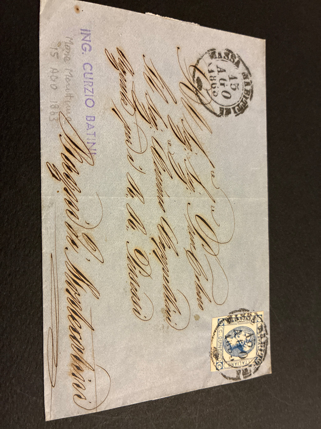 Lettera del Regno d'Italia (1863) con 15 c. del secondo tipo ex coll. Curzio Batini, da Massa Marittima a Bagni di Montecatini