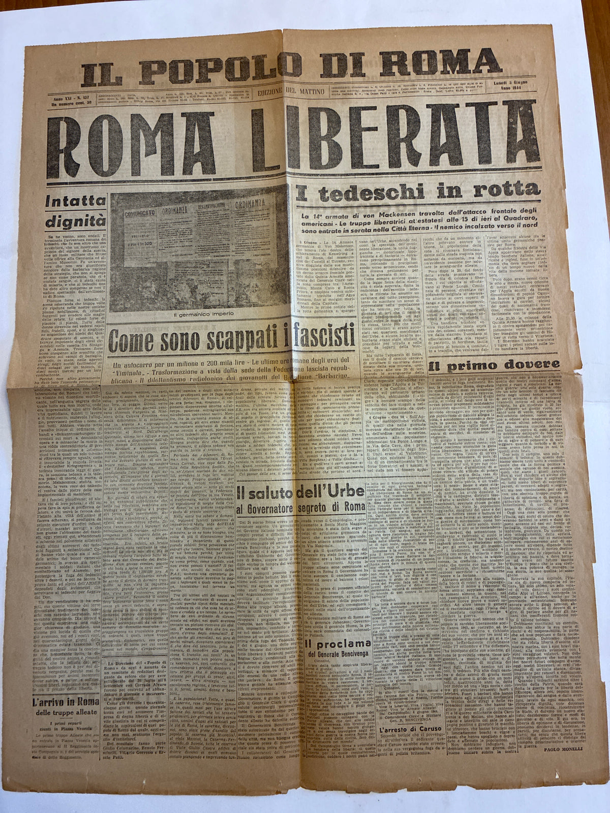 Storico Quotidiano Originale Il Popolo di Roma 5 Giugno 1944 - Edizione Completa - Annuncio Roma Liberata