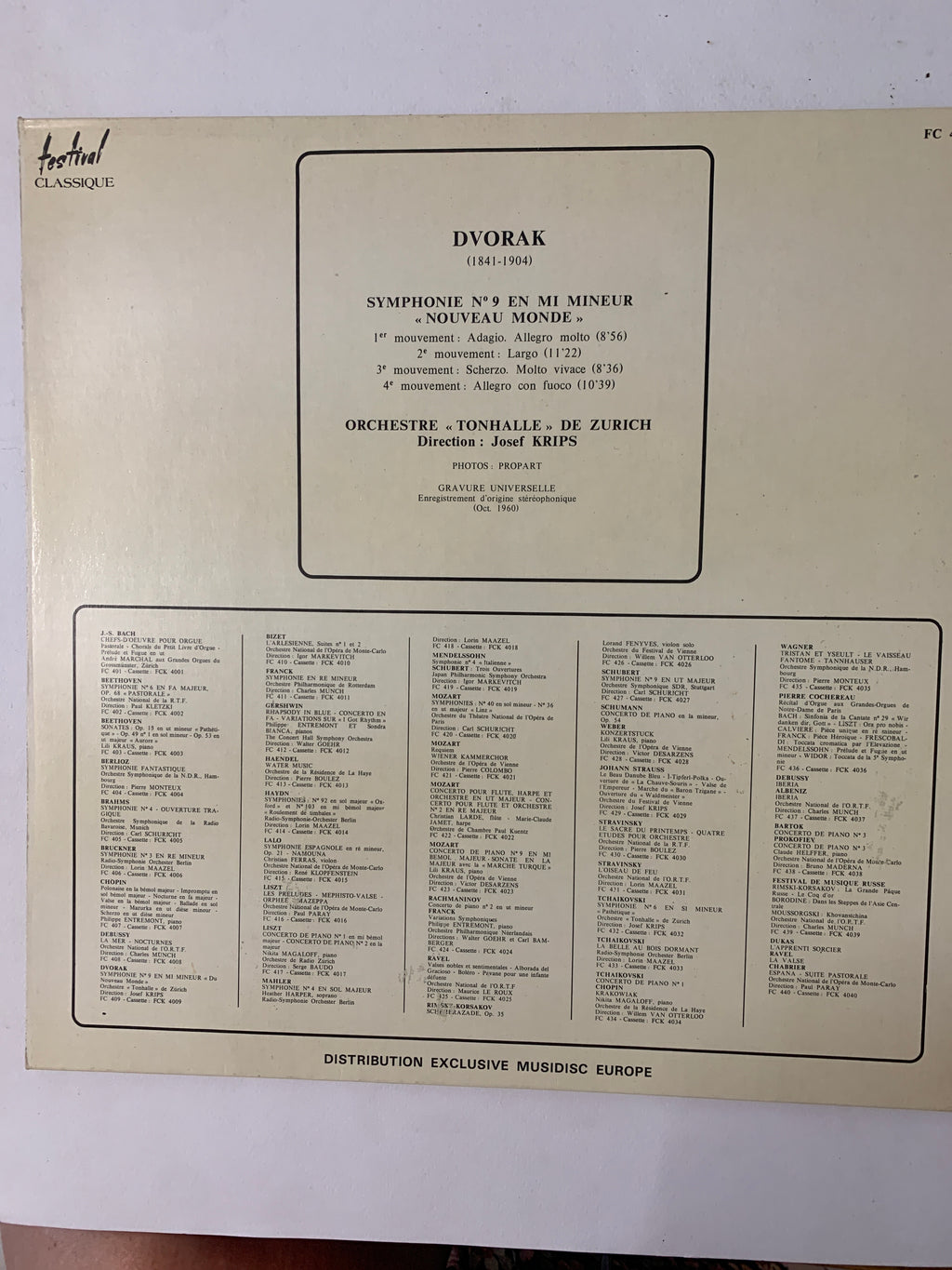 LP Dvořák - Sinfonia N. 9 "Nuovo Mondo" - Josef Krips / Tonhalle Zurich - Festival Classique FC 409