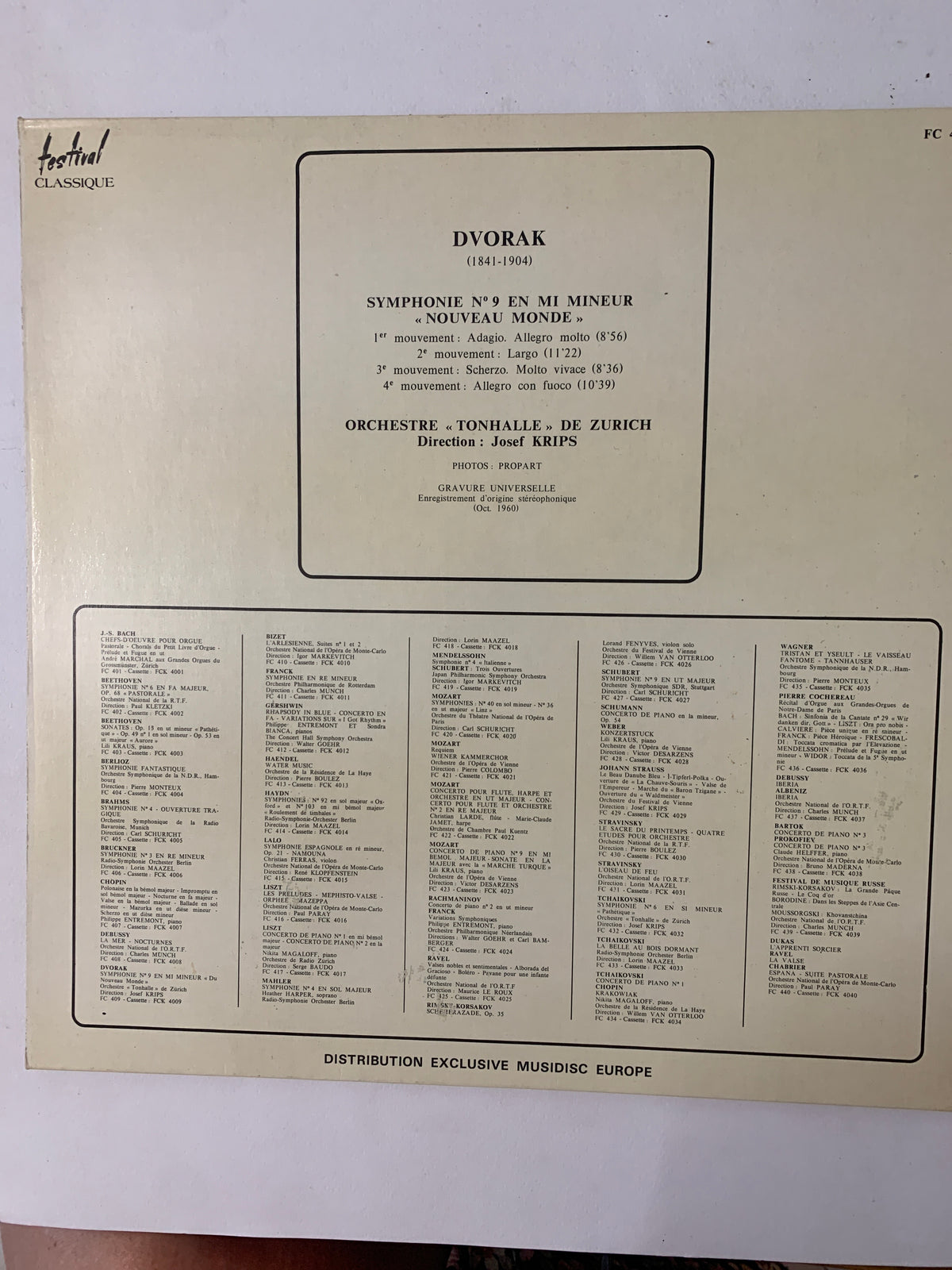 LP Dvořák - Sinfonia N. 9 "Nuovo Mondo" - Josef Krips / Tonhalle Zurich - Festival Classique FC 409