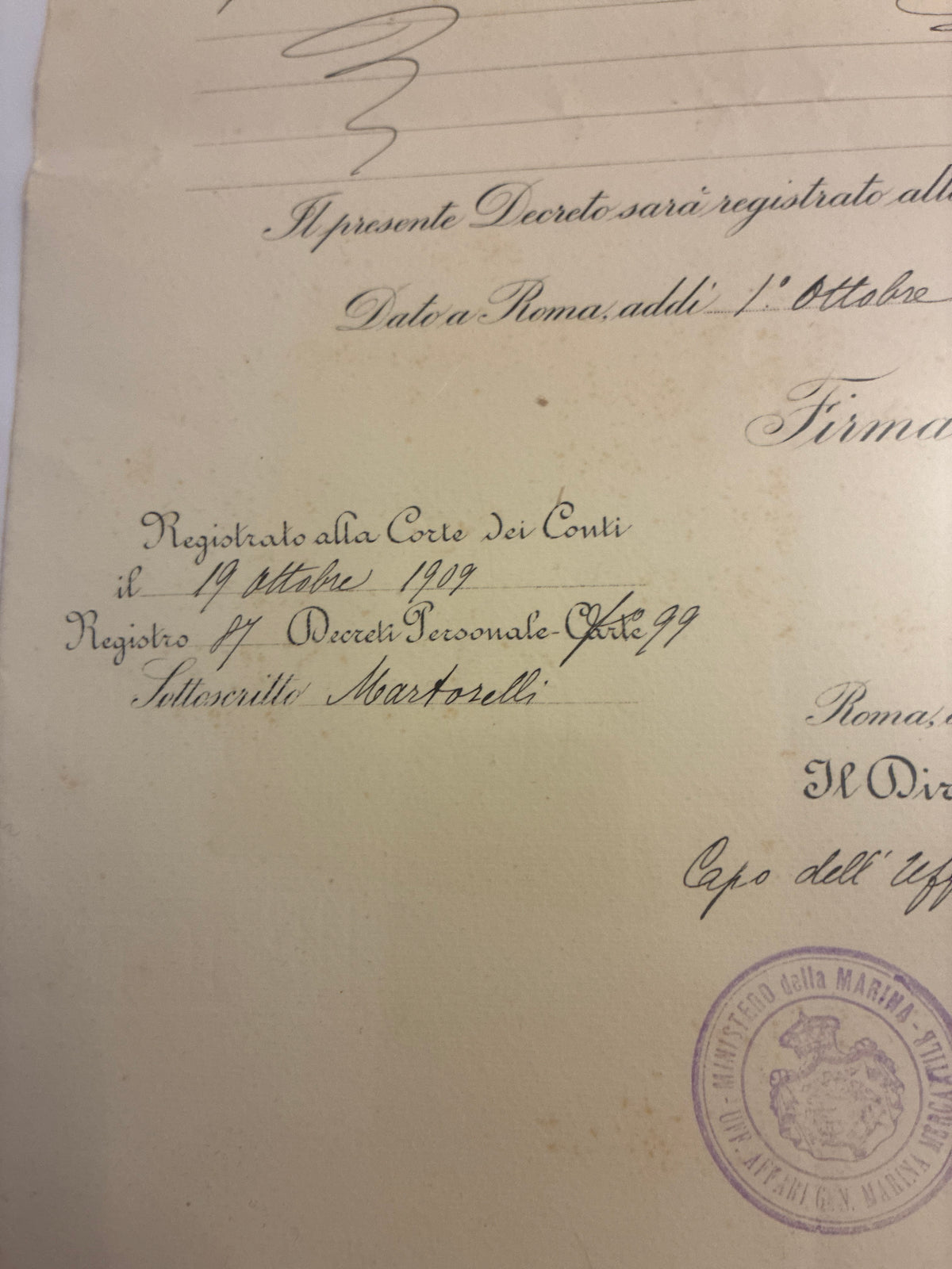 Raro Decreto Ministeriale 1909 Promozione Regia Marina Umberto Lugli - Ministro Mirabello Timbro Viola - Incorniciato Storia Sabauda