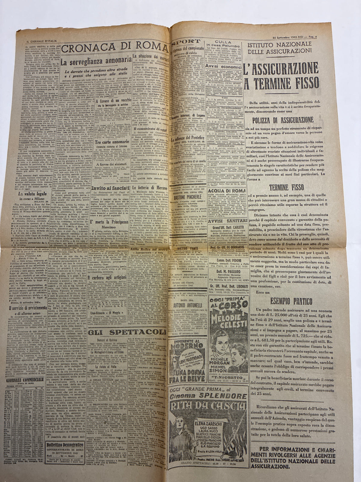 Quotidiano Storico Il Giornale d'Italia 30 Settembre 1943 RSI Stato Fascista Repubblicano
