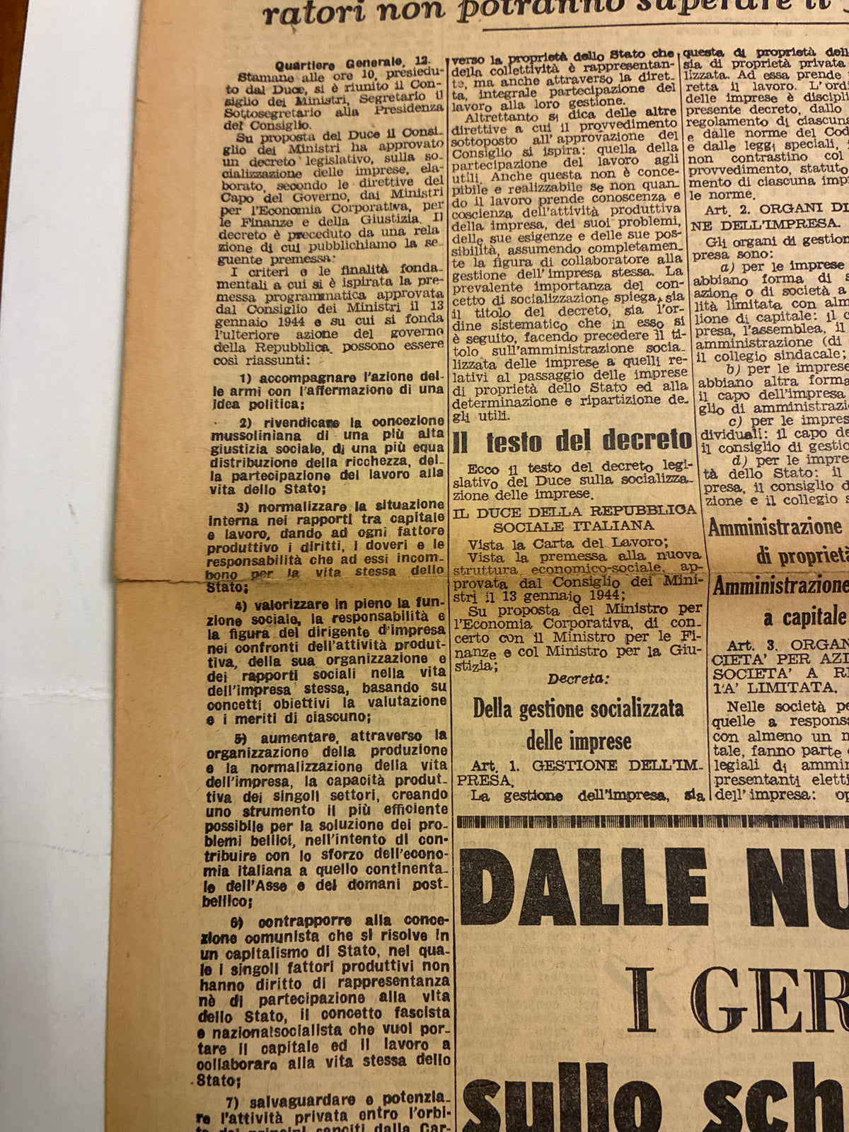 Quotidiano ORIGINALE 13 Febbraio 1944 Il Messaggero Socializzazione RSI Cassino COMPLETO