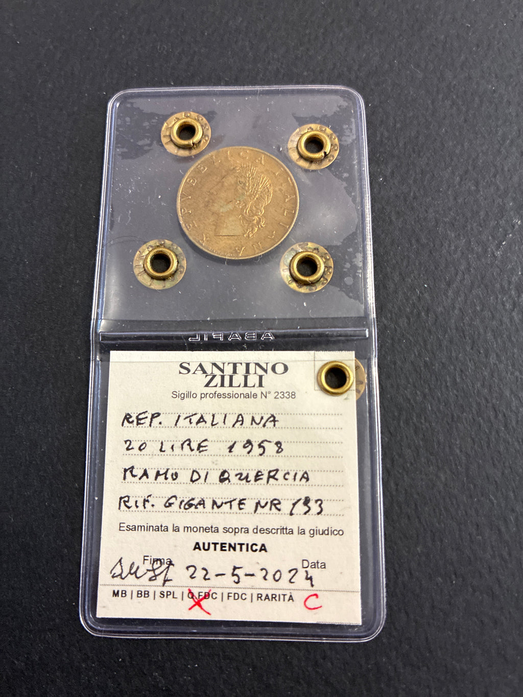 20 Lire 1958 "Ramo di Quercia" in Perizia Q.FDC