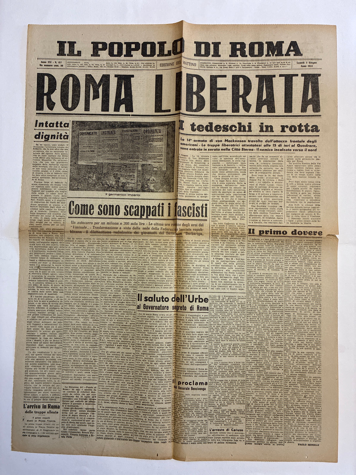 Quotidiano Originale Epoca Il Popolo di Roma 5 Giugno 1944 Roma Liberata Seconda Guerra Mondiale