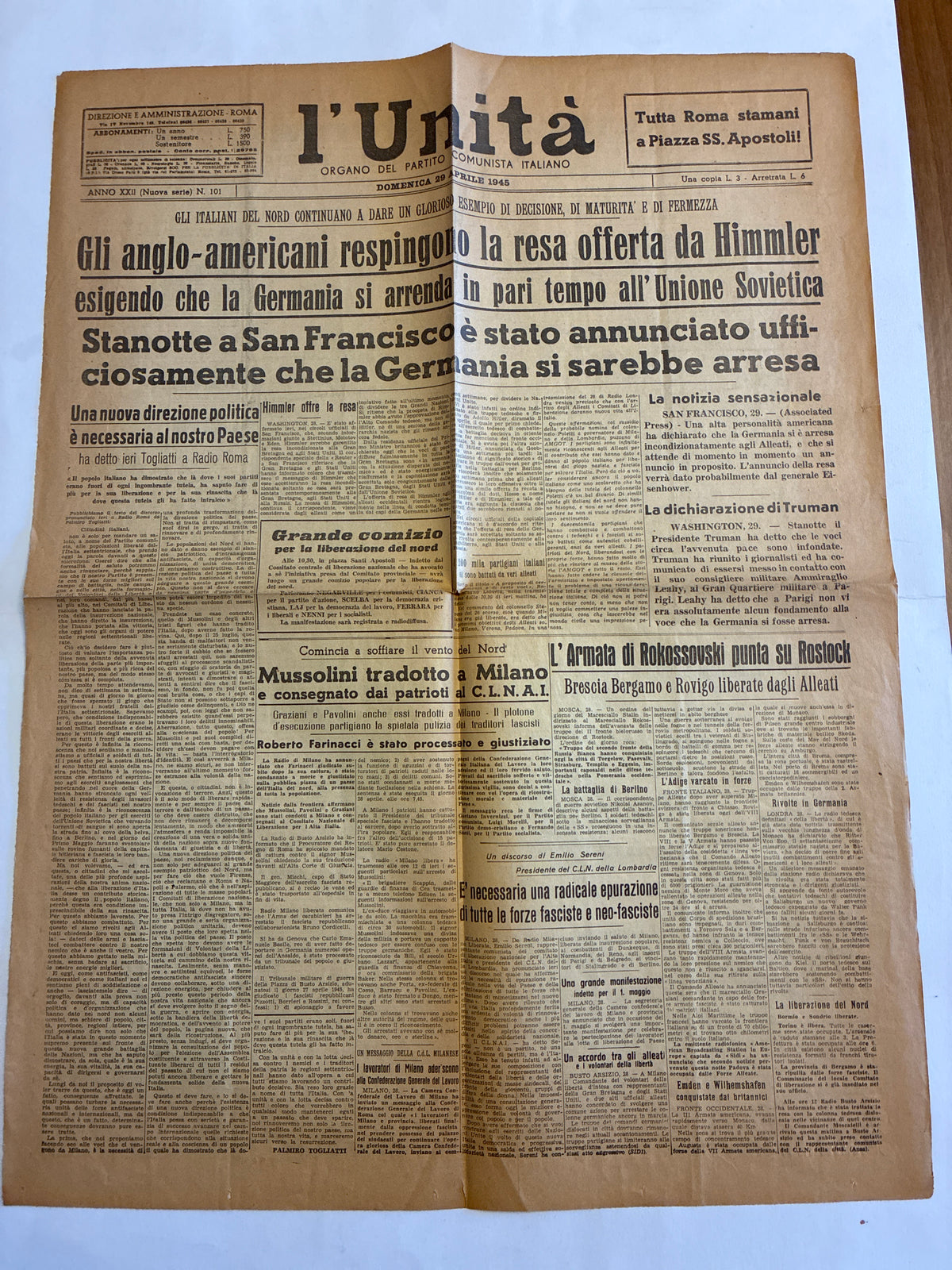 Raro Quotidiano Originale l'Unità 29 Aprile 1945 - Prima Edizione Mattino Roma - Trattative di Resa e Arresto Mussolini