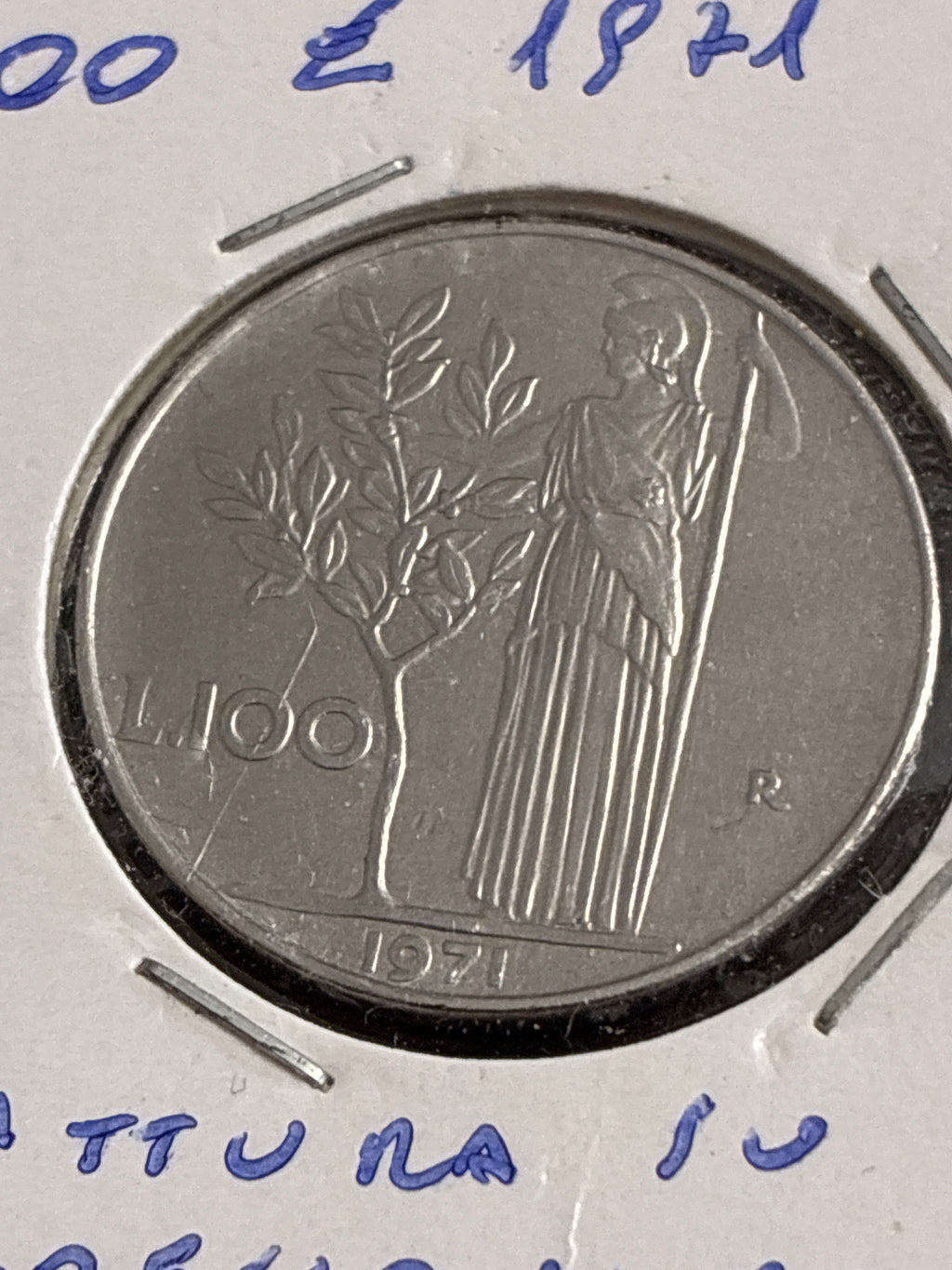 100 Lire 1971 Repubblica Italiana Minerva con errore di conio frattura sul tondello al rovescio