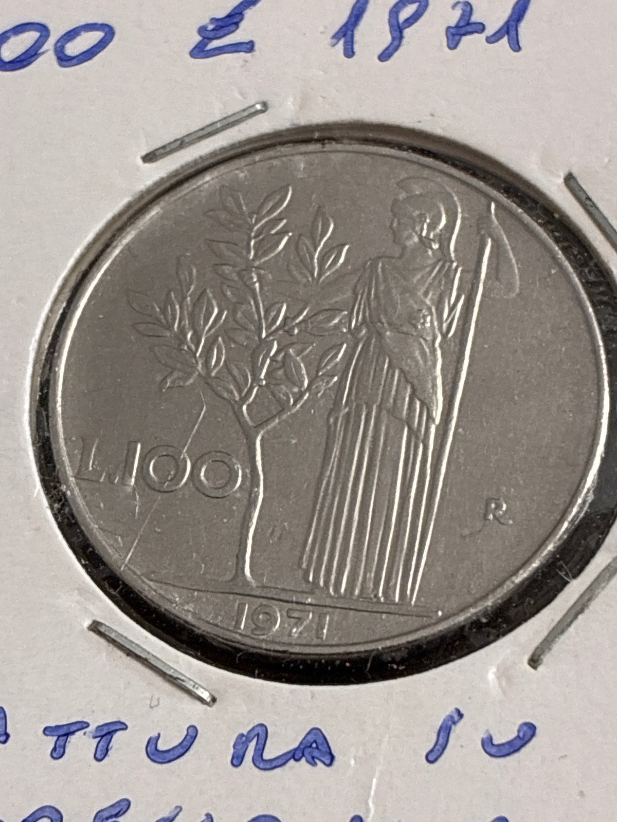 100 Lire 1971 Repubblica Italiana Minerva con errore di conio frattura sul tondello al rovescio