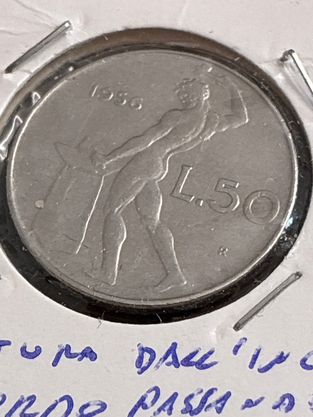 50 lire del 56 Vulcano con errore frattura di conio dall'incudine al bordo