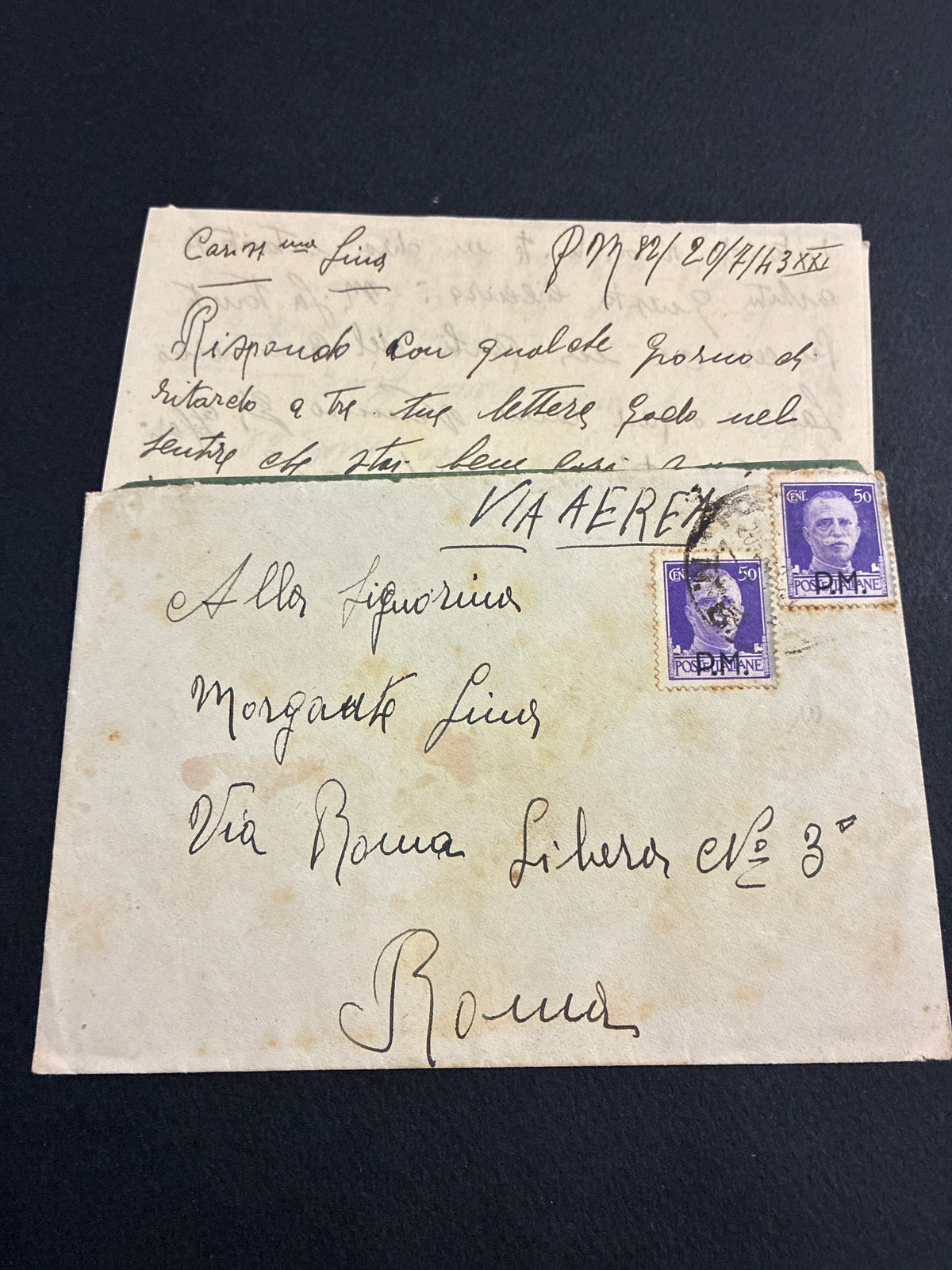 1943, Posta Militare 82: Busta di Via Aerea con Lettera dal Fronte Albanese Spedita a Cinque Giorni dalla Caduta del Fascismo con Coppia da 50 Centesimi Sovrastampata P.M.