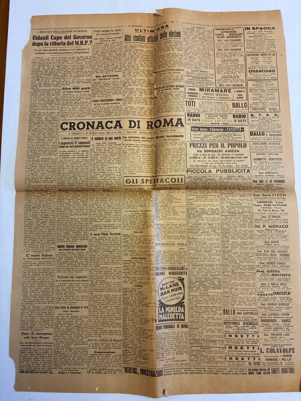 GIORNALE ORIGINALE 4 Giugno 1946 Il Momento - REFERENDUM REPUBBLICA MONARCHIA Rarità