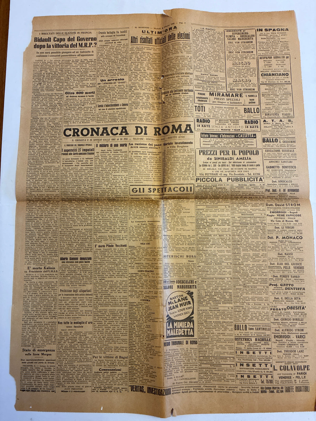 GIORNALE ORIGINALE 4 Giugno 1946 Il Momento - REFERENDUM REPUBBLICA MONARCHIA Rarità