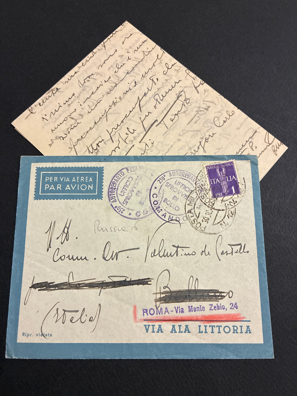 1942, Posta Militare 102: Busta di Via Aerea Ala Littoria con Francobollo da 1 Lira Sovrastampato P.M. e Lettera dal Fronte Russo del 250° Autoreparto Pesante (Divisione Alpina Tridentina) per Roma
