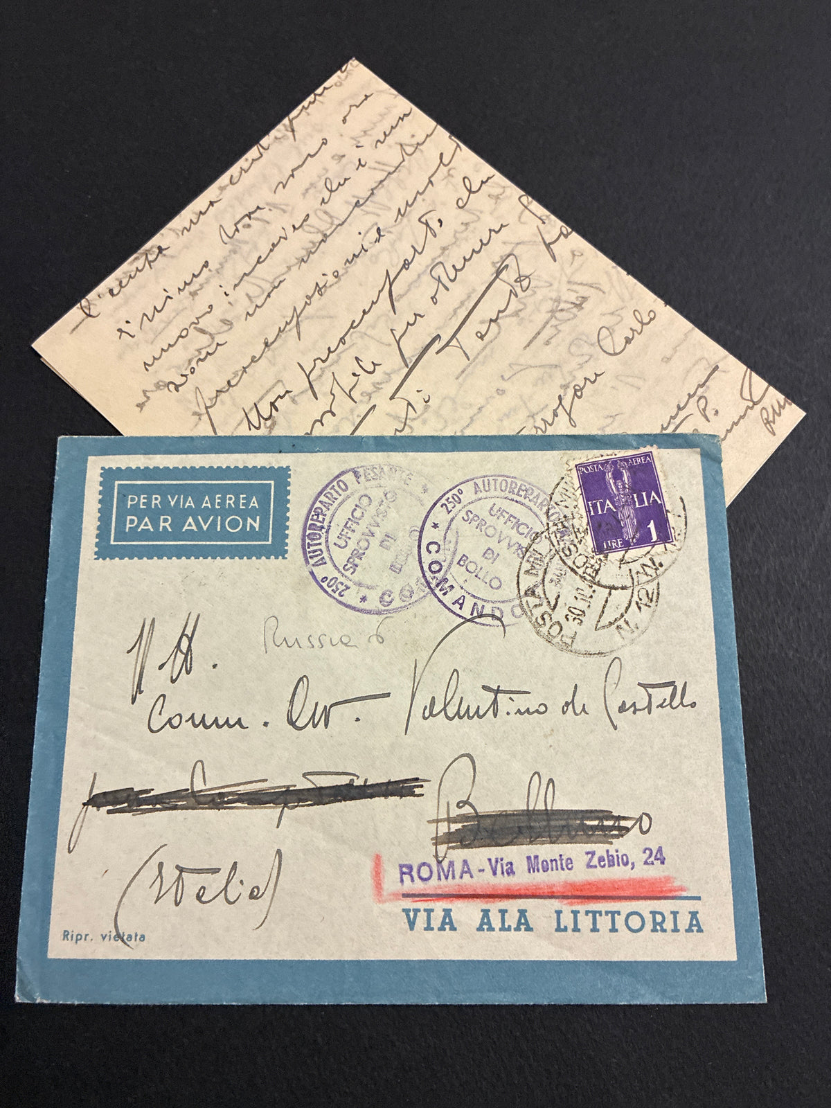 1942, Posta Militare 102: Busta di Via Aerea Ala Littoria con Francobollo da 1 Lira Sovrastampato P.M. e Lettera dal Fronte Russo del 250° Autoreparto Pesante (Divisione Alpina Tridentina) per Roma