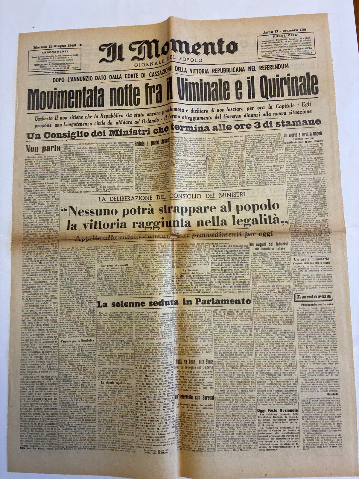 GIORNALE ORIGINALE 11 Giugno 1946 Il Momento - CRISI ISTITUZIONALE UMBERTO II DE GASPERI