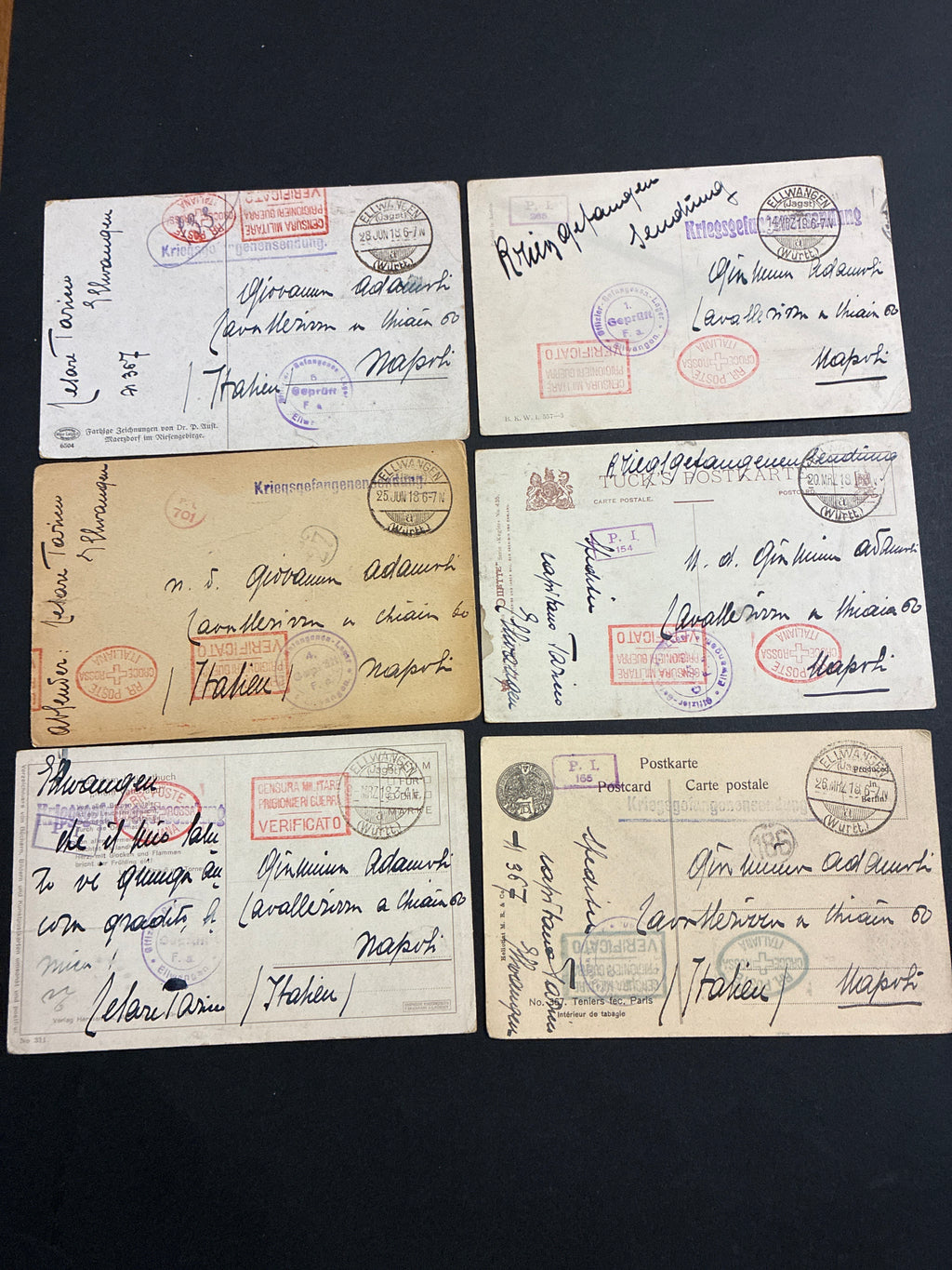 Lotto 6 cartoline Prima Guerra Mondiale prigioniero di guerra Capitano Cesare Torino campo Ellwangen (Germania) 1918