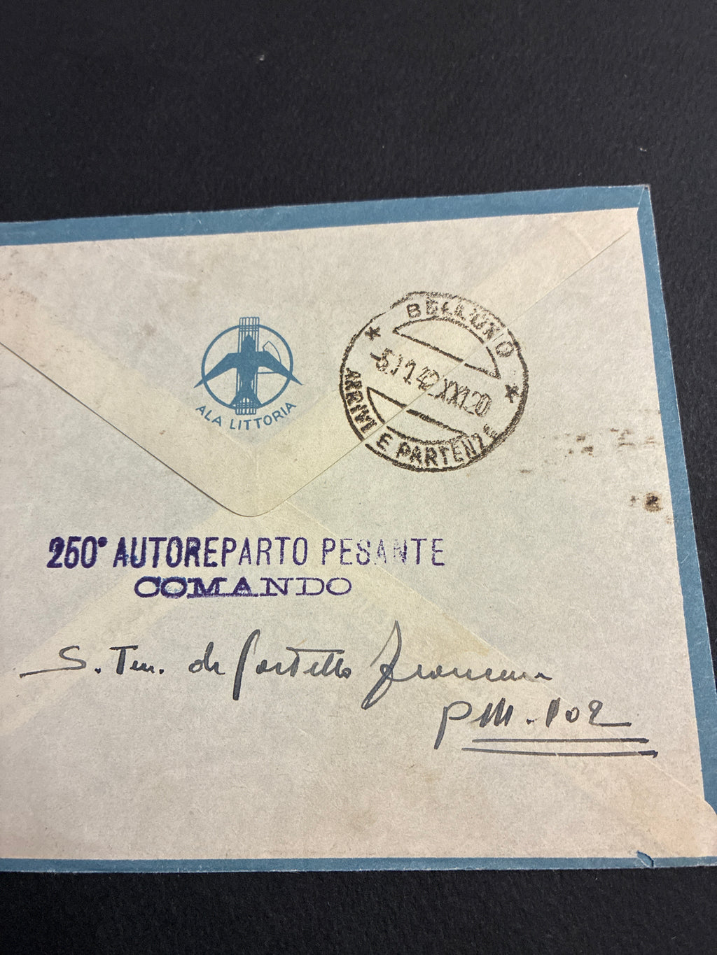 1942, Posta Militare 102: Busta di Via Aerea Ala Littoria con Francobollo da 1 Lira Sovrastampato P.M. e Lettera dal Fronte Russo del 250° Autoreparto Pesante (Divisione Alpina Tridentina) per Roma