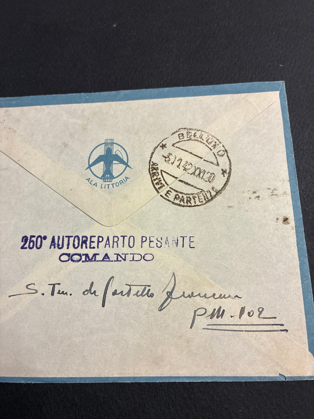 1942, Posta Militare 102: Busta di Via Aerea Ala Littoria con Francobollo da 1 Lira Sovrastampato P.M. e Lettera dal Fronte Russo del 250° Autoreparto Pesante (Divisione Alpina Tridentina) per Roma