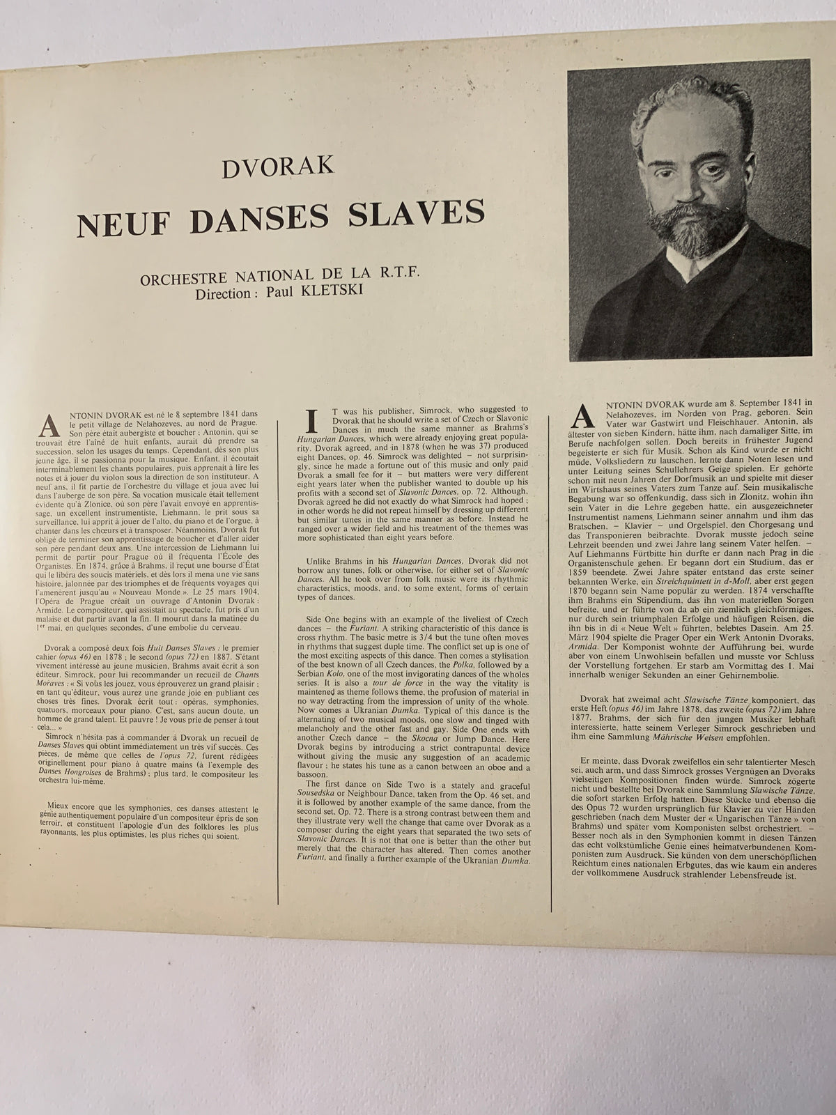 Dvořák: Neuf Danses Slaves – Orchestre National de la R.T.F., Paul Kletzki (LP, Francia, Festival Classique FC 466)