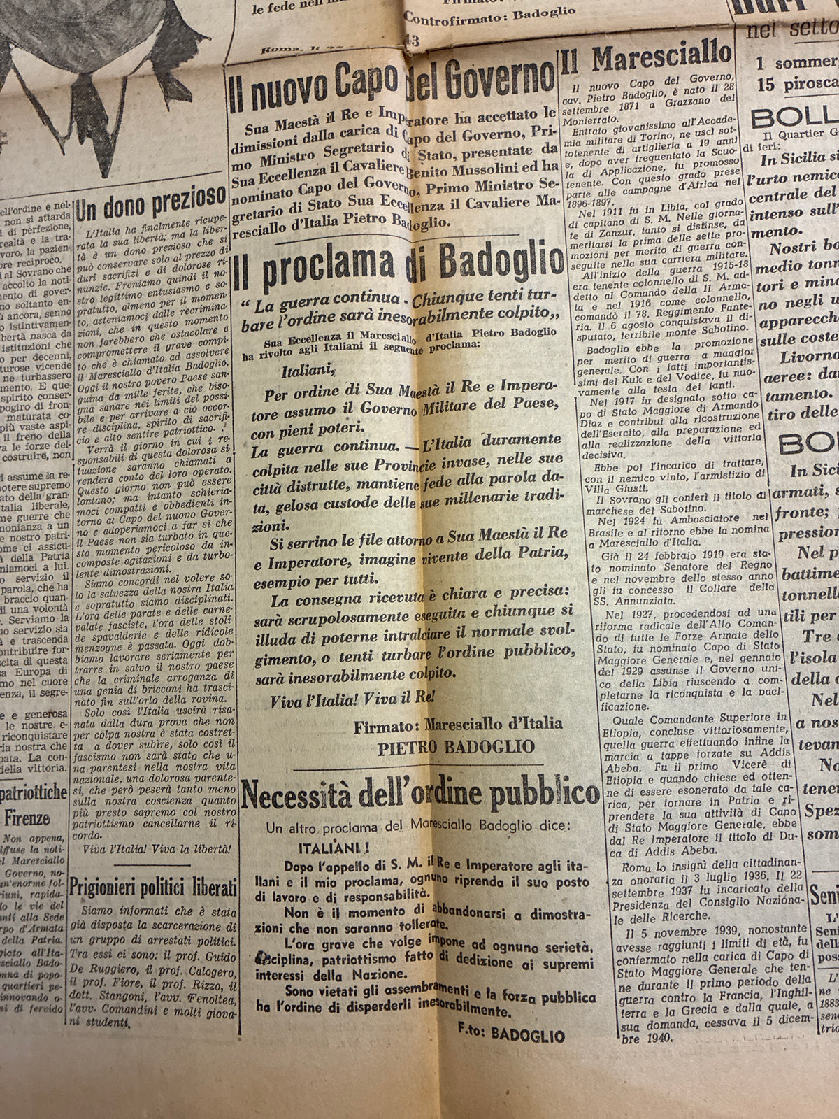 Quotidiano Originale Il Giornale d'Italia 27 Luglio 1943 - Caduta del Fascismo e Governo Badoglio