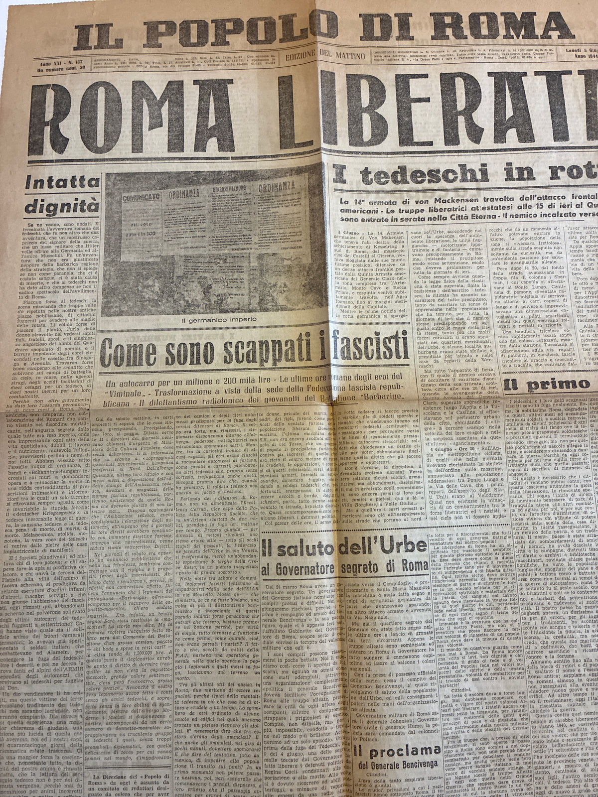 Storico Quotidiano Originale Il Popolo di Roma 5 Giugno 1944 - Edizione Completa - Annuncio Roma Liberata