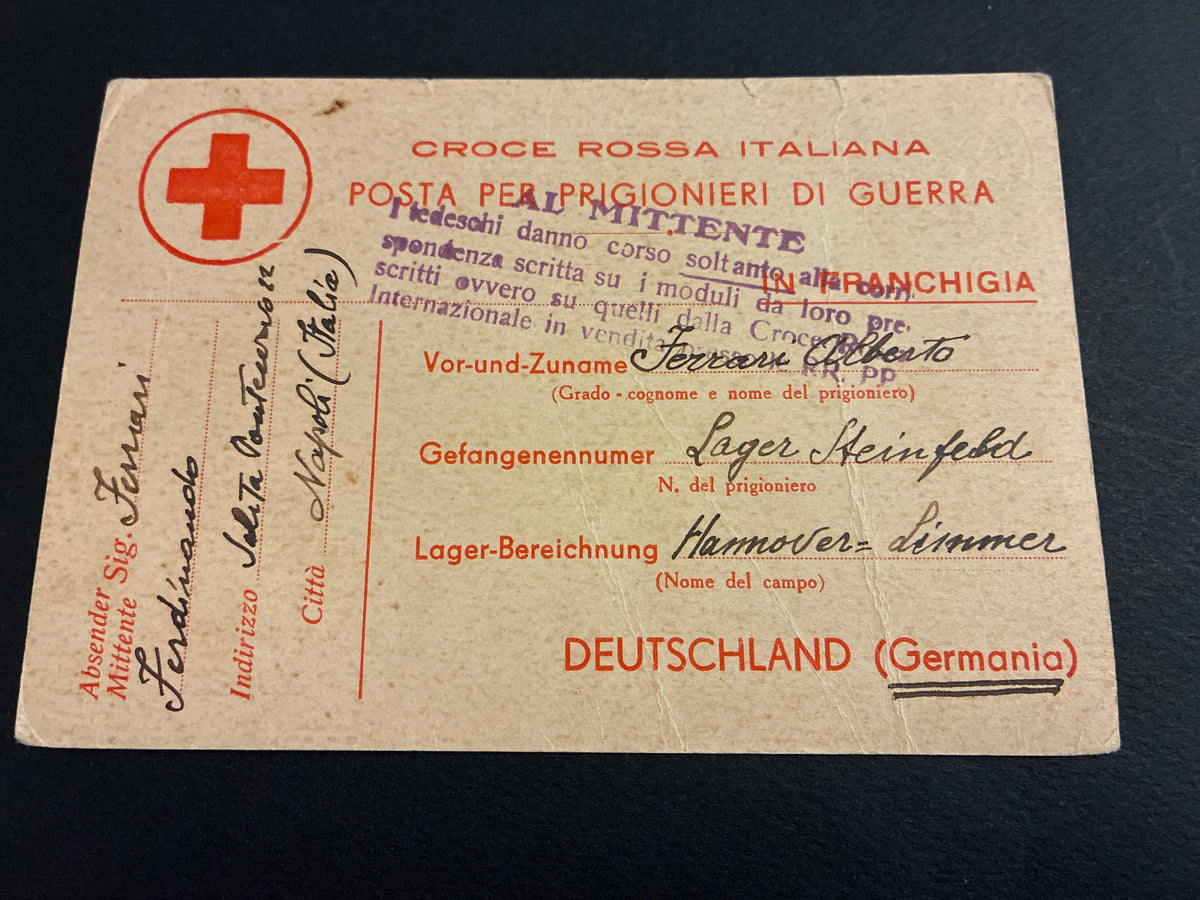 Cartolina CRI per Internati Militari Italiani da Napoli a Hannover (1944) – Respinta al Mittente con Timbro di Censura Tedesca