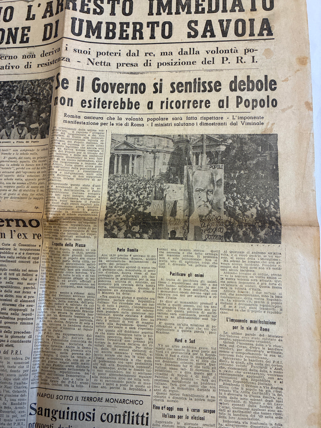 GIORNALE ORIGINALE 13 Giugno 1946 La Voce Repubblicana - ARRESTO E ESPULSIONE UMBERTO SAVOIA Conservazione Eccellente