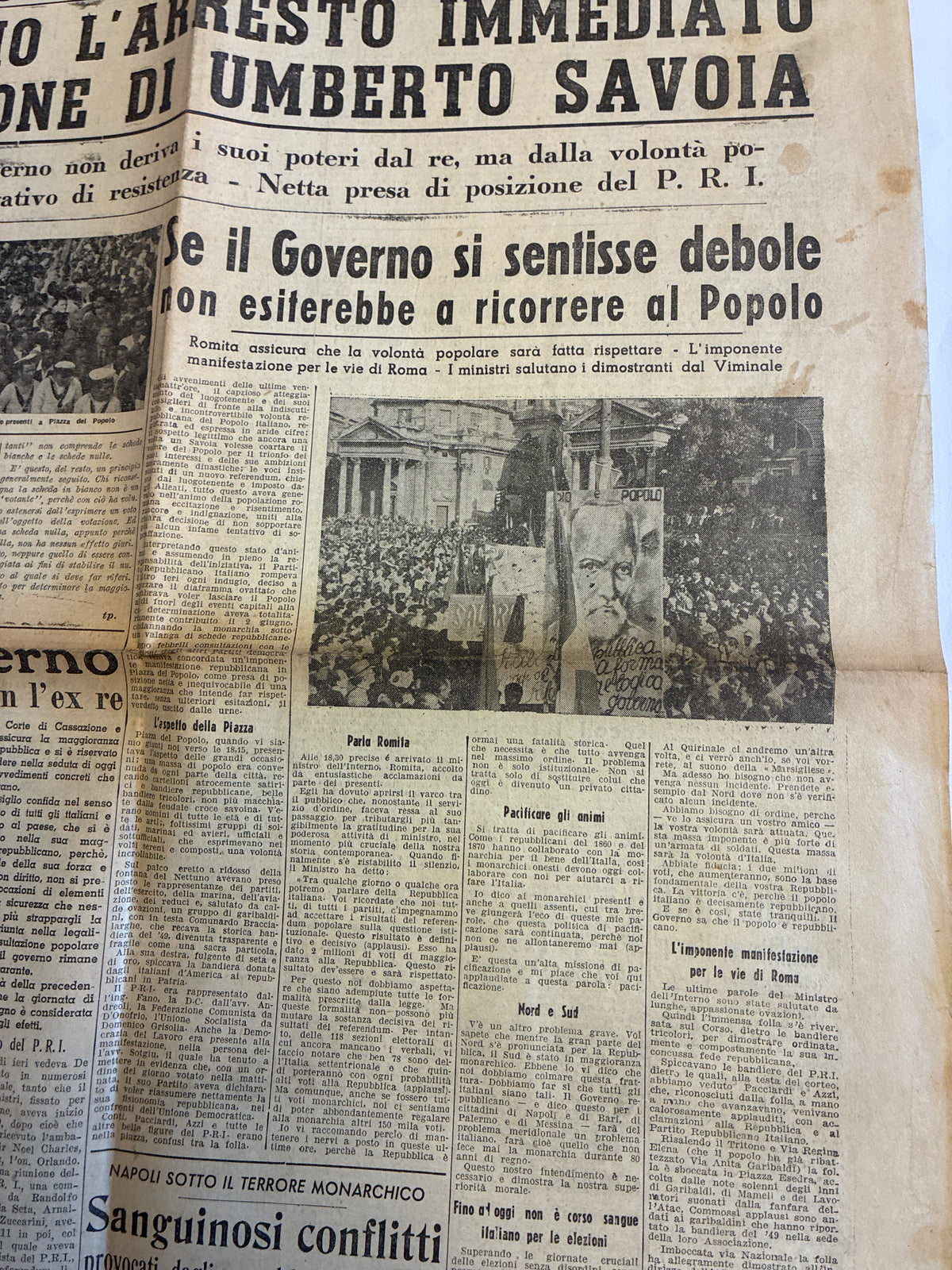 GIORNALE ORIGINALE 13 Giugno 1946 La Voce Repubblicana - ARRESTO E ESPULSIONE UMBERTO SAVOIA Conservazione Eccellente
