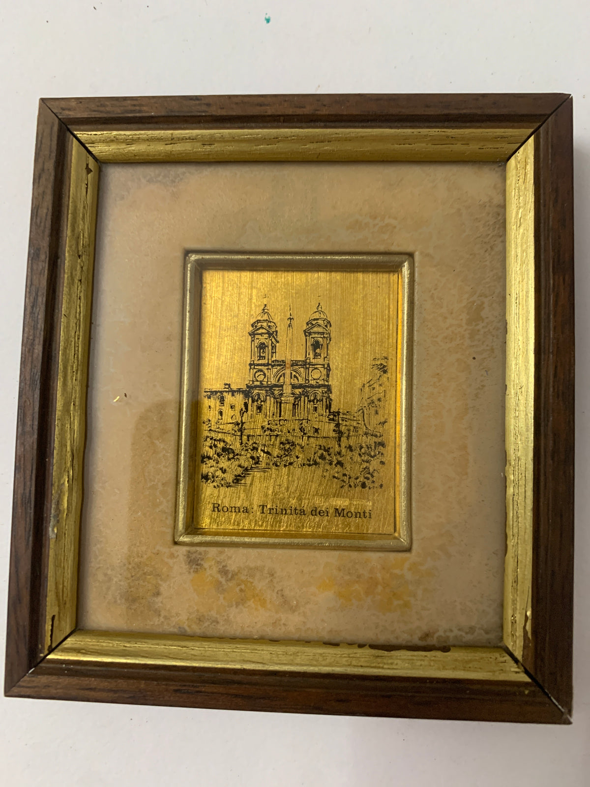 Quadro Vintage Roma Trinità dei Monti Stampa Incisa su Foglia Dorata con Cornice