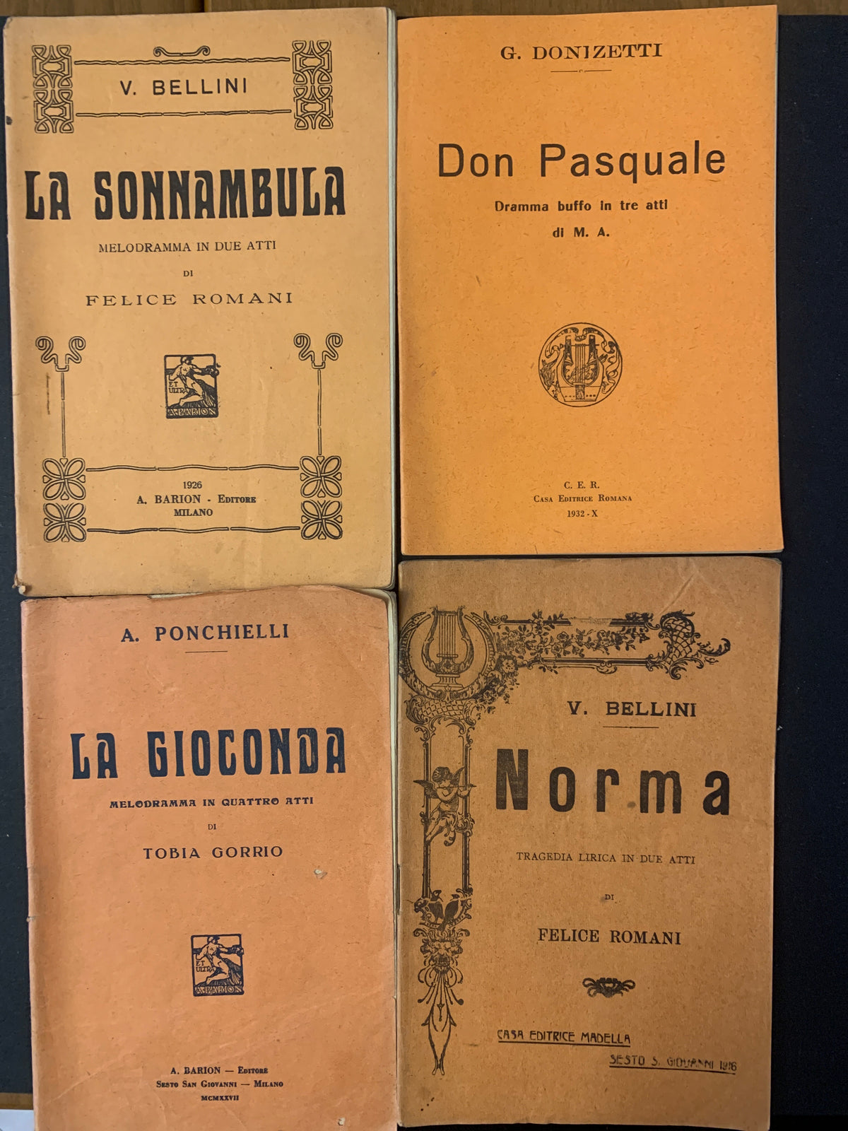 Lotto 4 Libretti d'Opera Lirica D'Epoca Anni '20-'30 Bellini Donizetti Ponchielli
