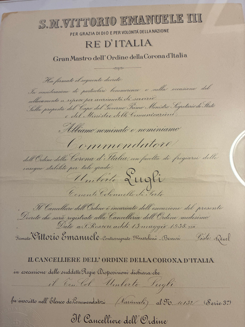 Raro Decreto 1935 Commendatore Corona d'Italia - Firma Autografa Ammiraglio Revel Timbro Secco - Incorniciato Umberto Lugli