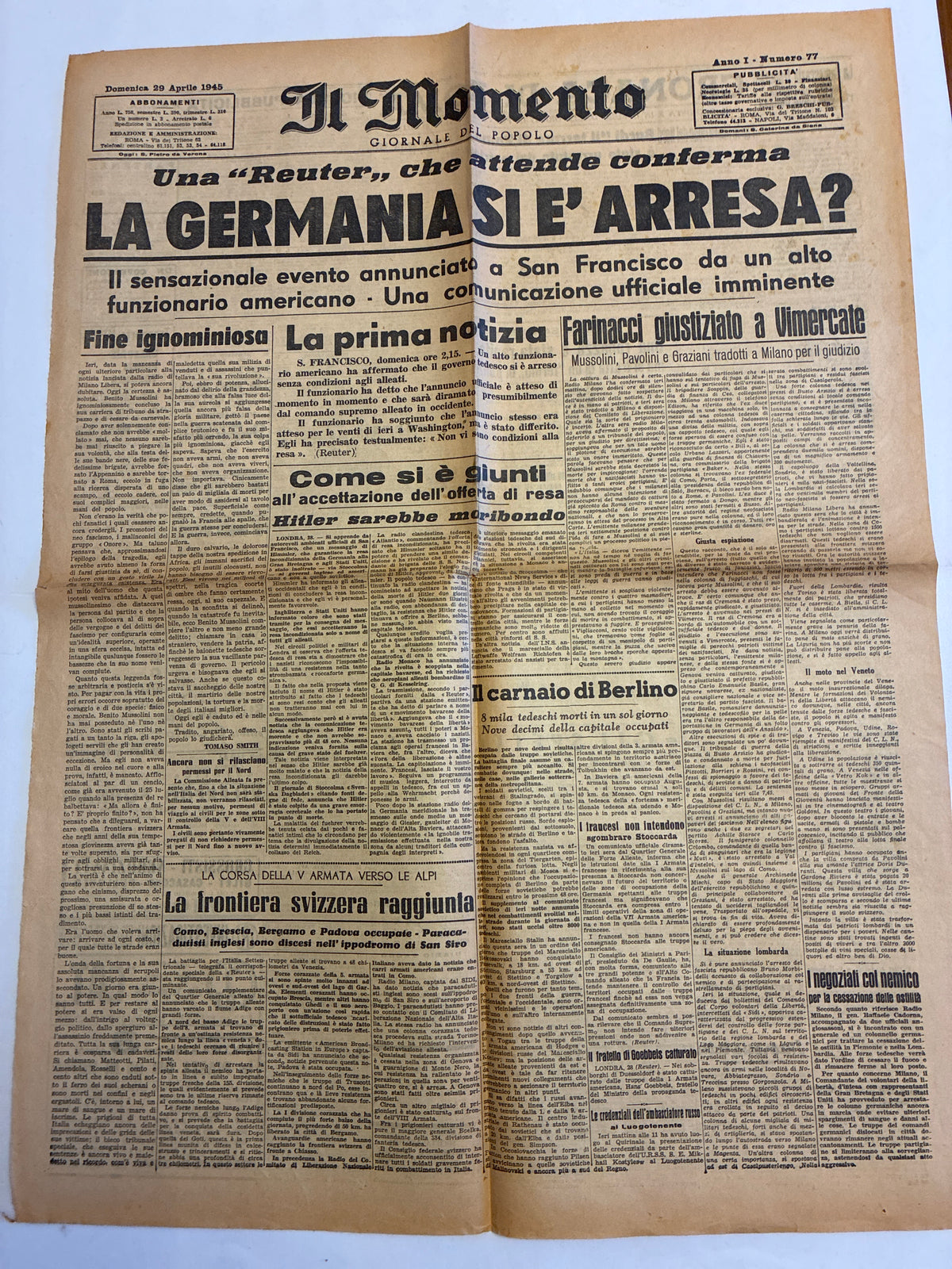 GIORNALE ORIGINALE 29 Aprile 1945 Il Momento - LA GERMANIA SI E' ARRESA? Conservazione Eccellente
