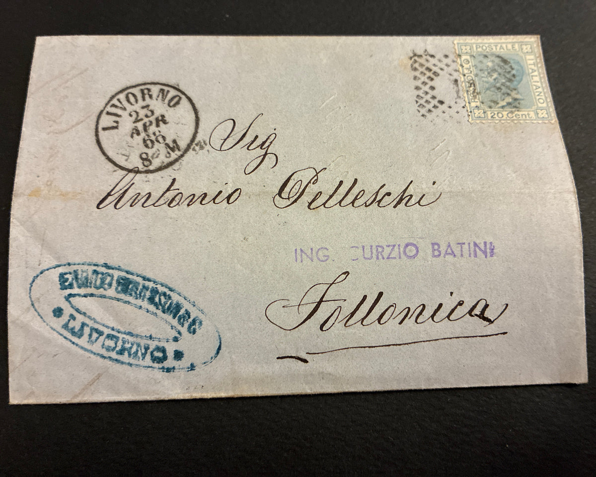 Lettera del 1868 da Livorno a Follonica affrancata con francobollo da 20 centesimi