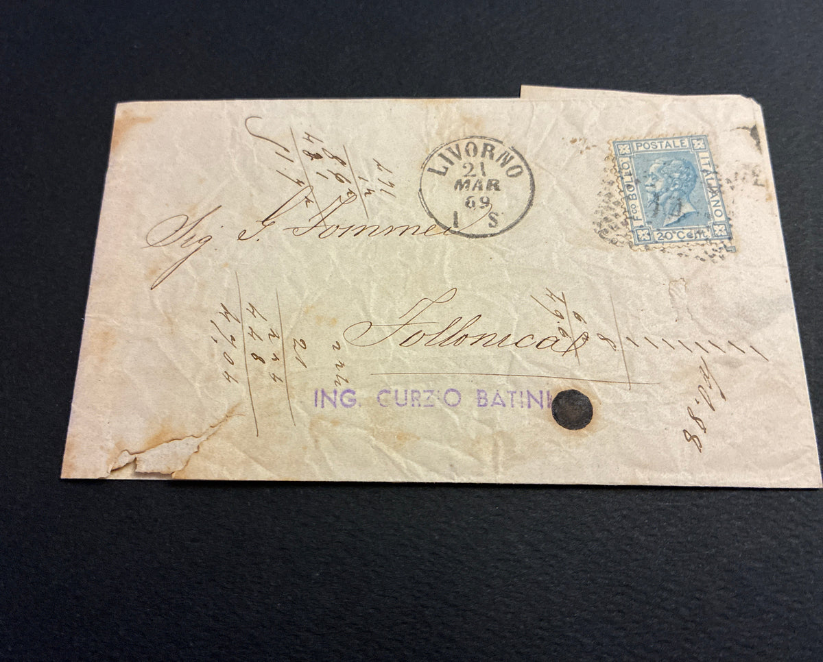 Splendido documento storico postale del primo Regno d'Italia proveniente dall'archivio e collezione dell'Ingegner Curzio Batini recante il caratteristico timbro lineare viola impresso sul fronte la busta intera è stata spedita nel marzo del 1869 ed è rego