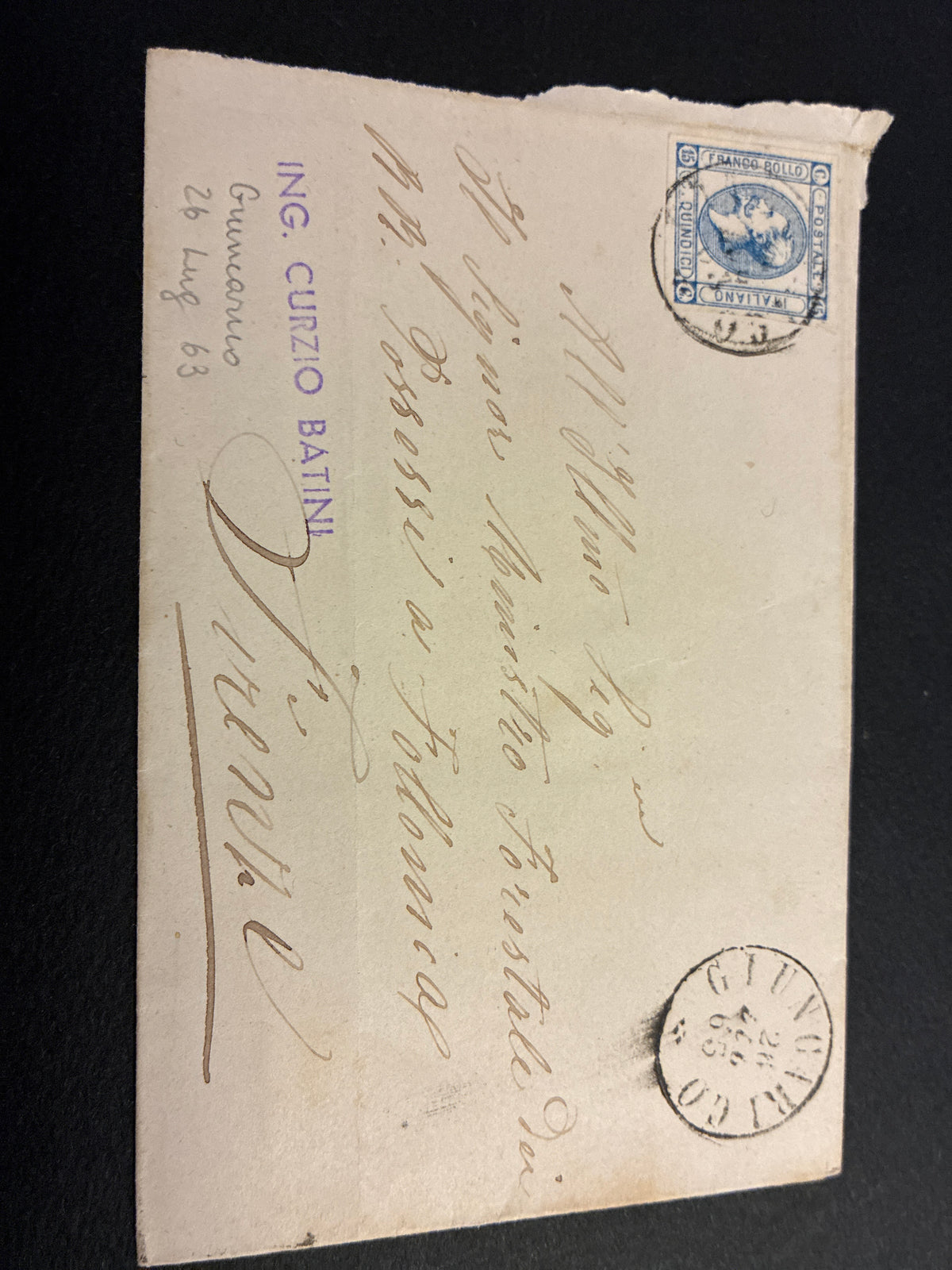 Lettera Storica 1863 da Giuncarico a Firenze Francobollo 15c II Tipo e Transito Livorno