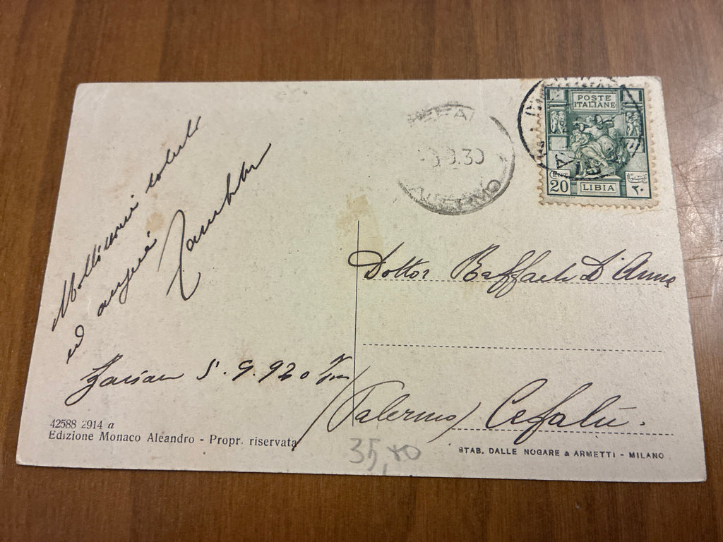 Libia 1930 Cartolina Viaggiata da Tripoli a Cefalù Affrancata 20 Centesimi Dea Roma Mercato di Suk El Giuma