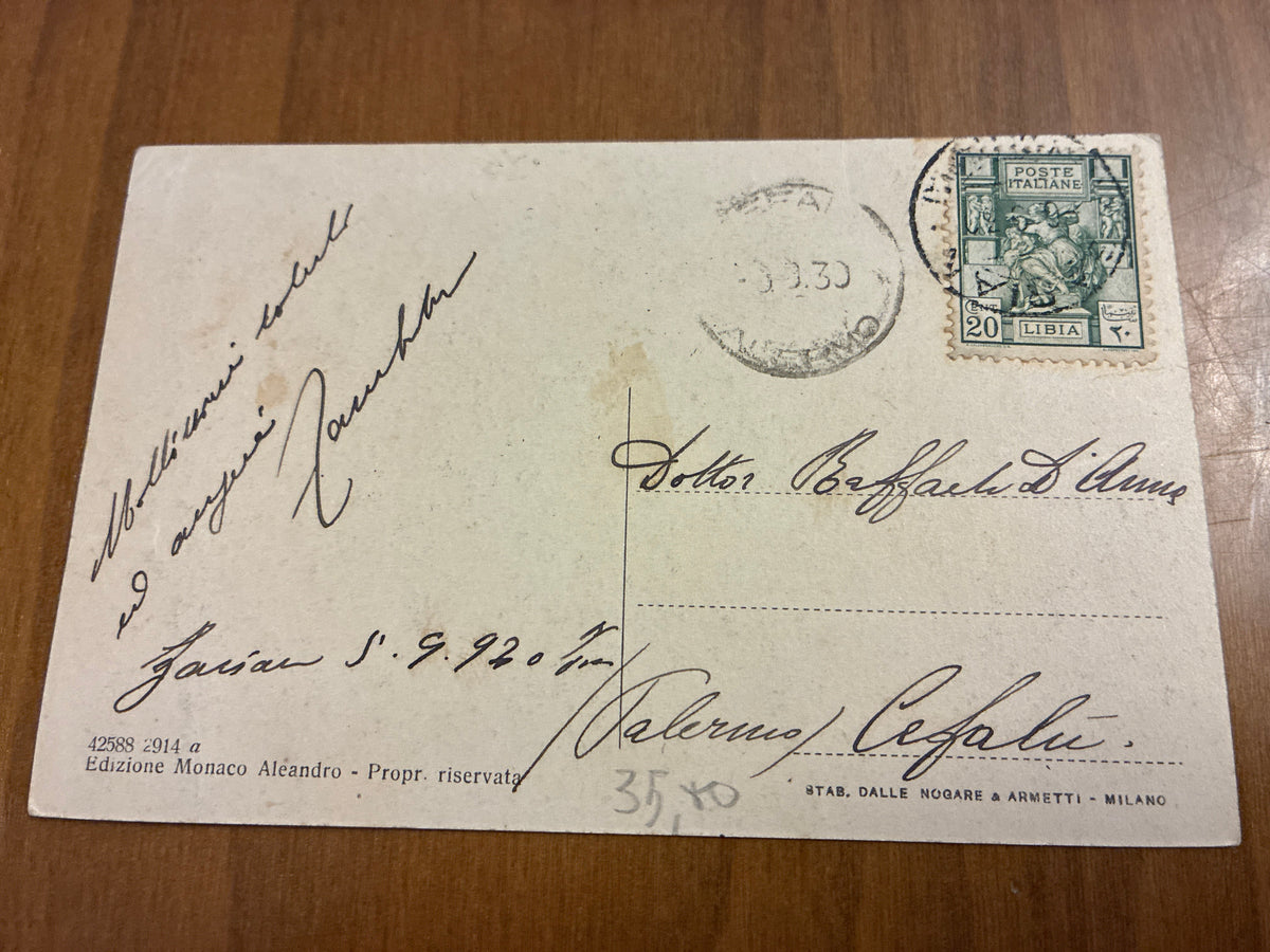 Libia 1930 Cartolina Viaggiata da Tripoli a Cefalù Affrancata 20 Centesimi Dea Roma Mercato di Suk El Giuma