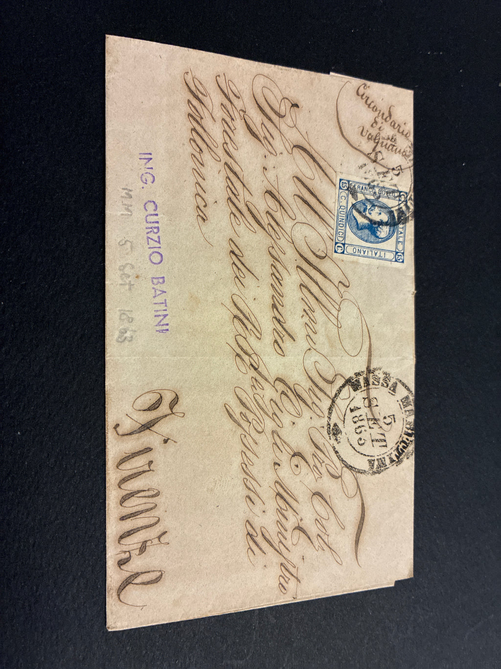 Busta 05/09/1863 Regno d'Italia 15 C. Litografico II Tipo da Massa Marittima a Firenze con Transito Livorno e Lineare Batini