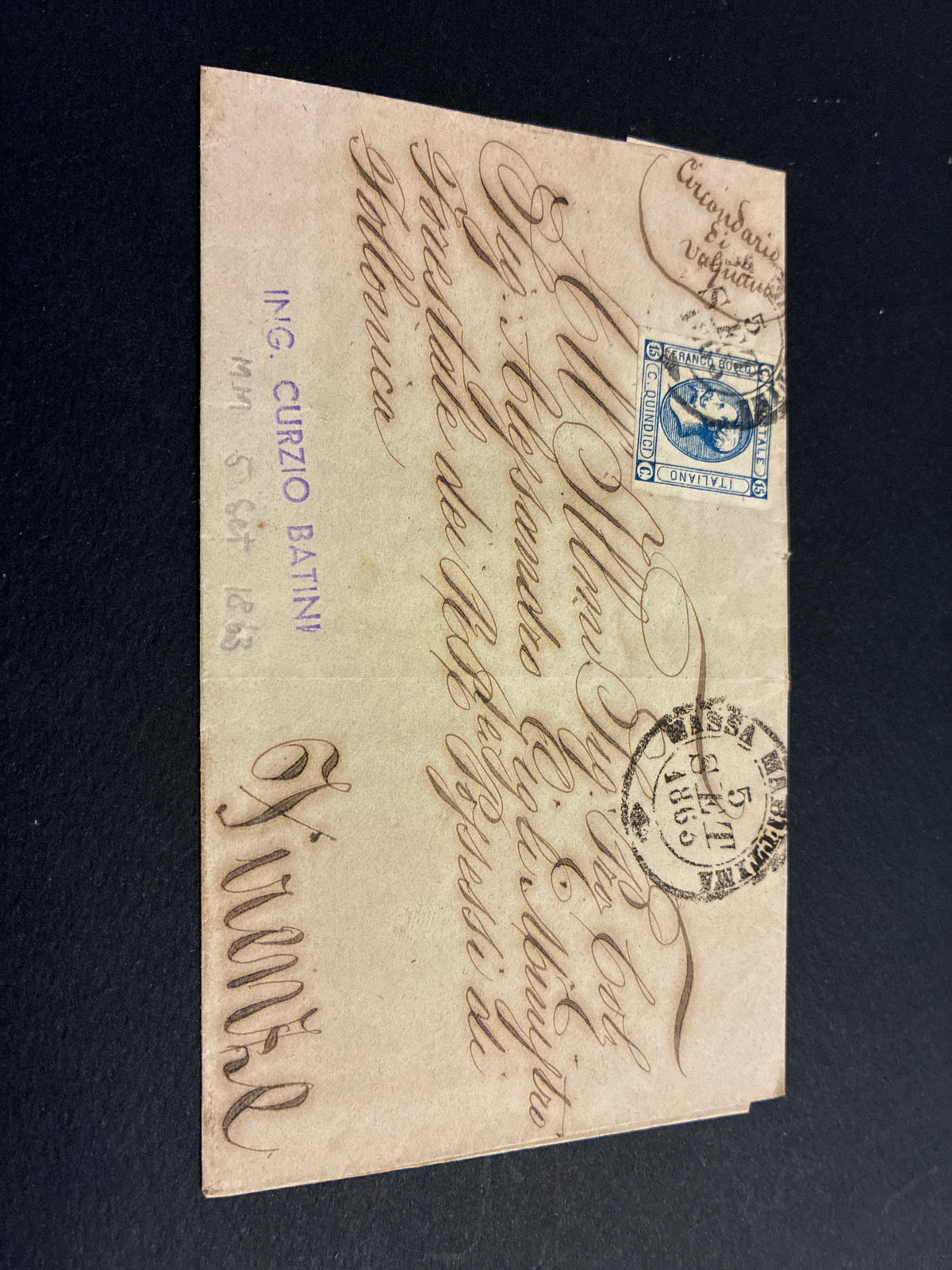 Busta 05/09/1863 Regno d'Italia 15 C. Litografico II Tipo da Massa Marittima a Firenze con Transito Livorno e Lineare Batini