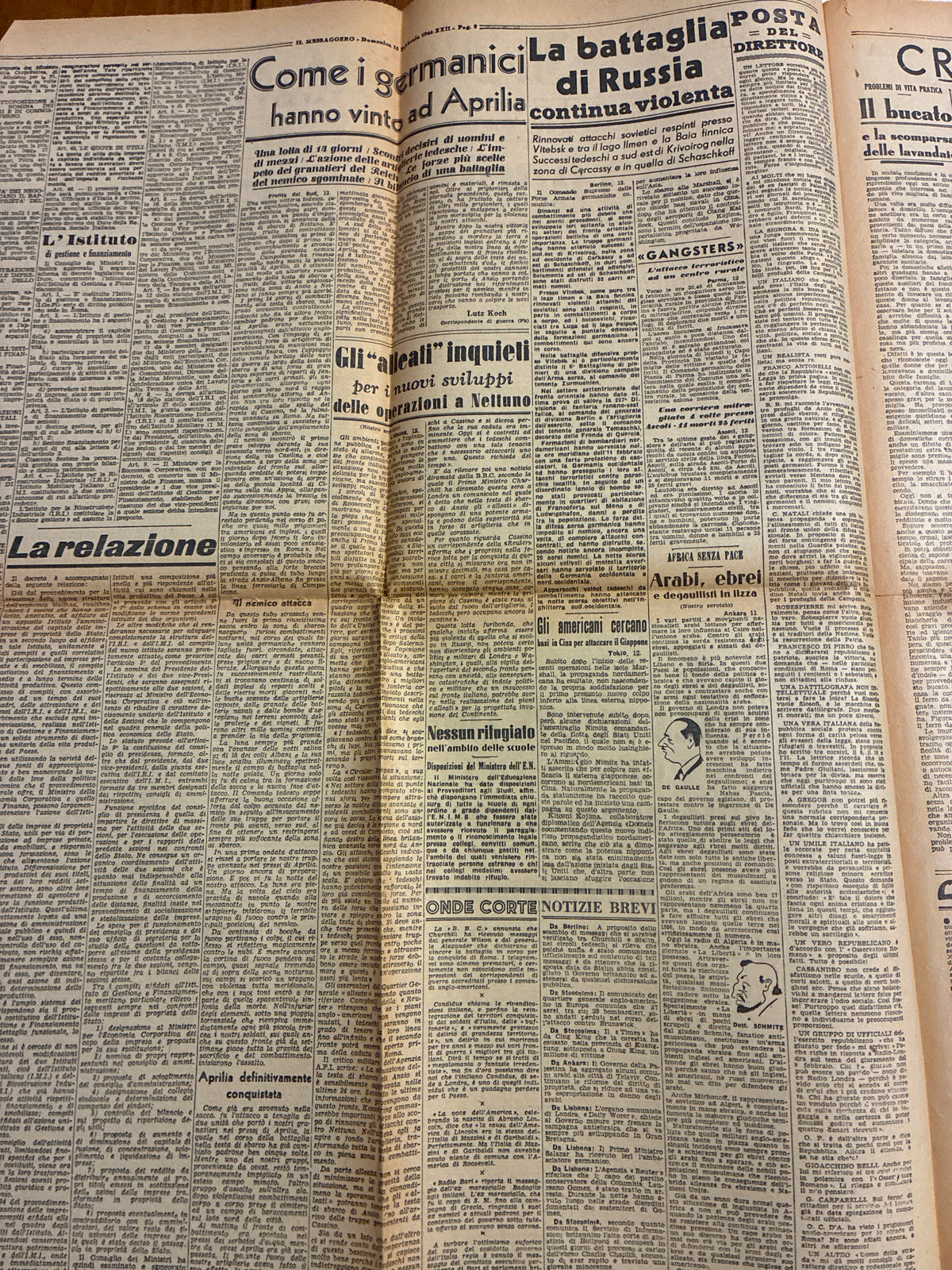 Quotidiano ORIGINALE 13 Febbraio 1944 Il Messaggero Socializzazione RSI Cassino COMPLETO