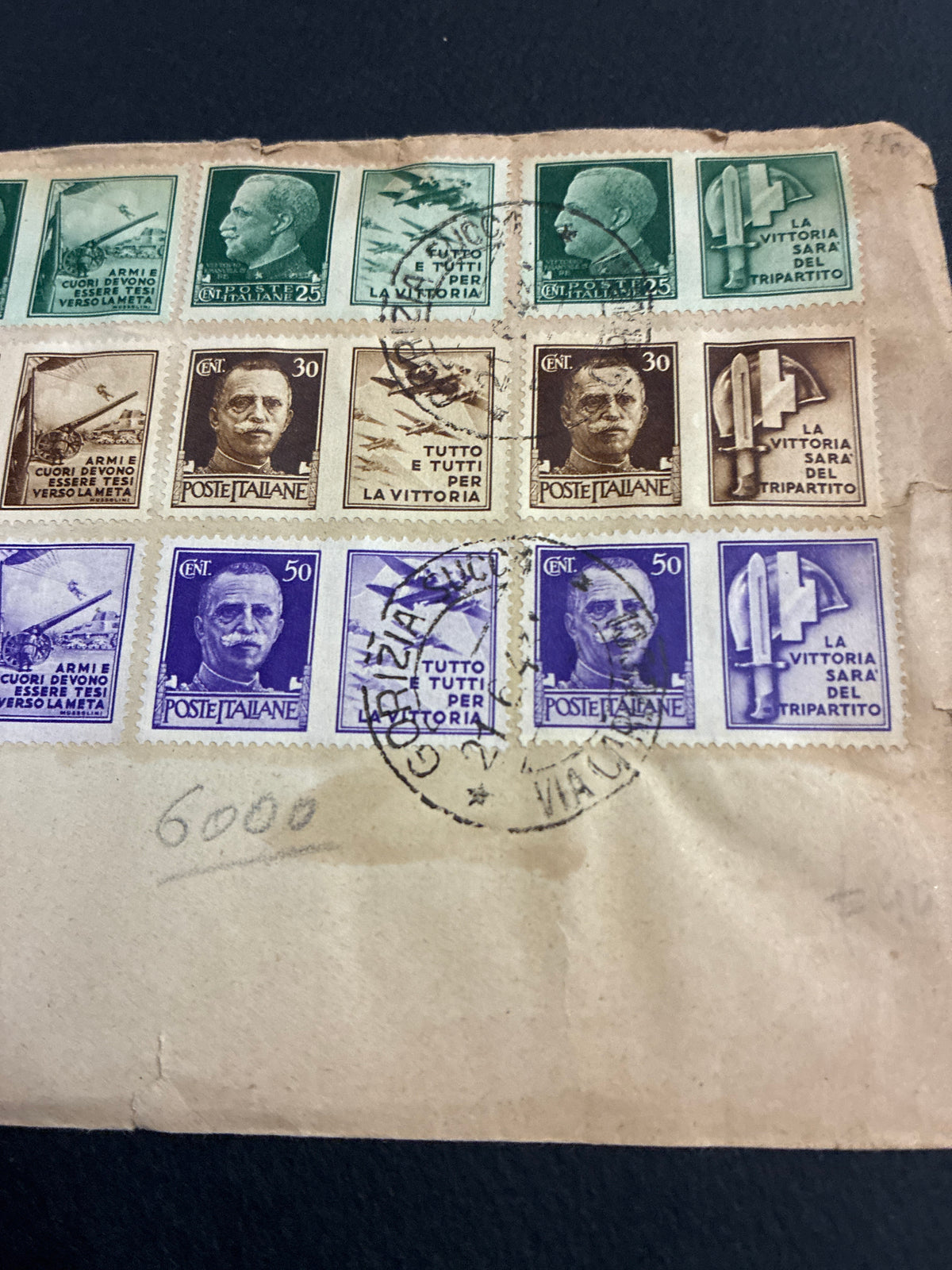 Busta filatelica del 1943 da Gorizia affrancata con serie Imperiale e propaganda bellica Fratellanza d'Armi italo-tedesca.