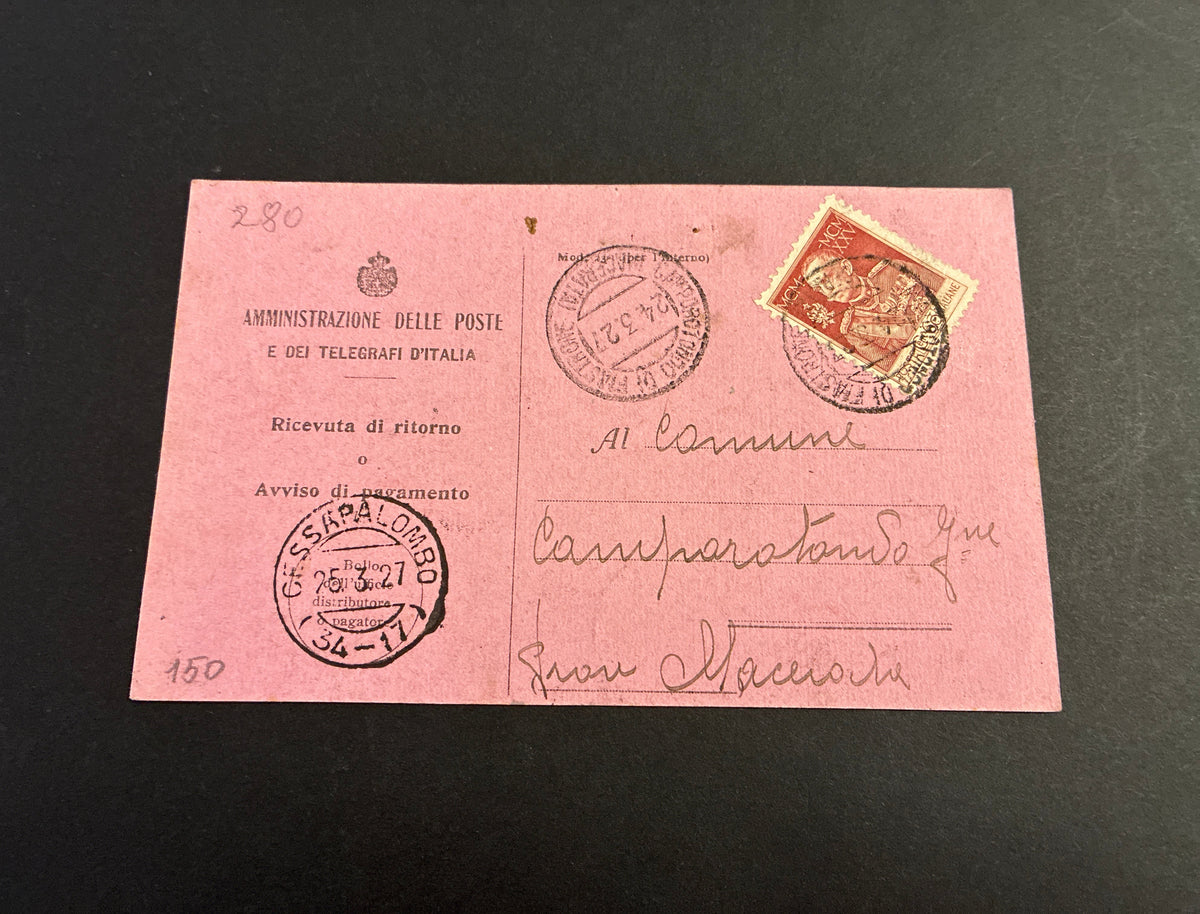 Ricevuta Ritorno 1927 da Camporotondo a Cessapalombo Macerata Frazionario 34-17 Francobollo Giubileo del Re 60 Centesimi Storia Postale Marche