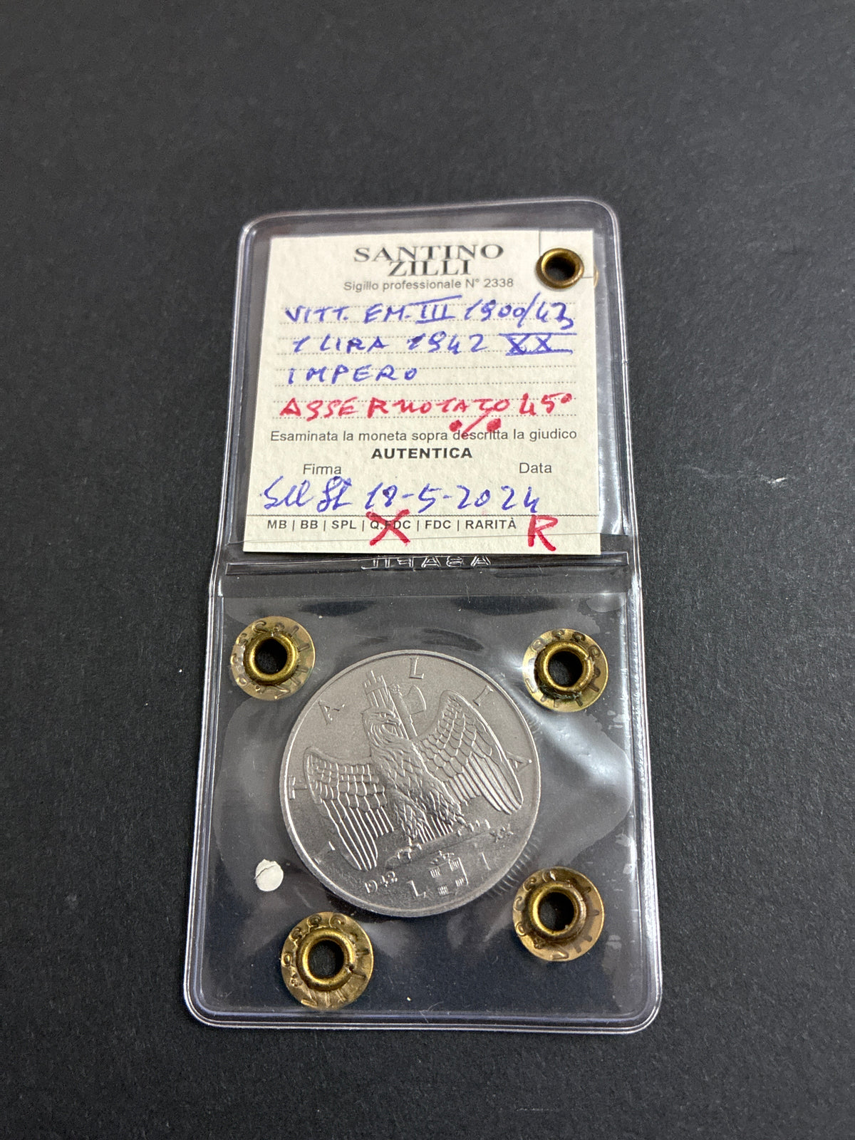 1 Lira 1942 XX Impero Asse Ruotato 45° Periziata Rara