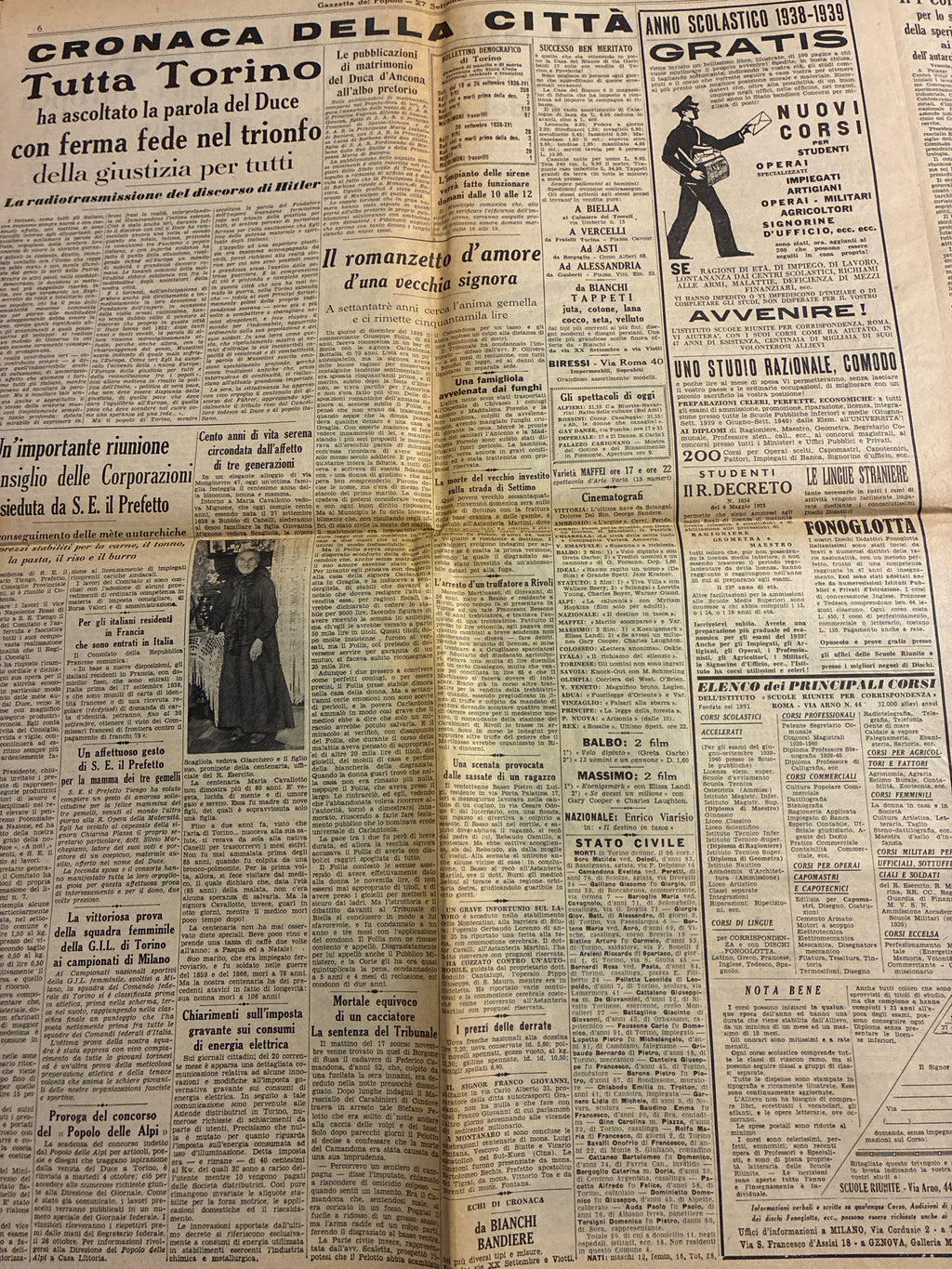 Quotidiano Storico Gazzetta del Popolo 27 Settembre 1938 Fascismo Mussolini Crisi Monaco