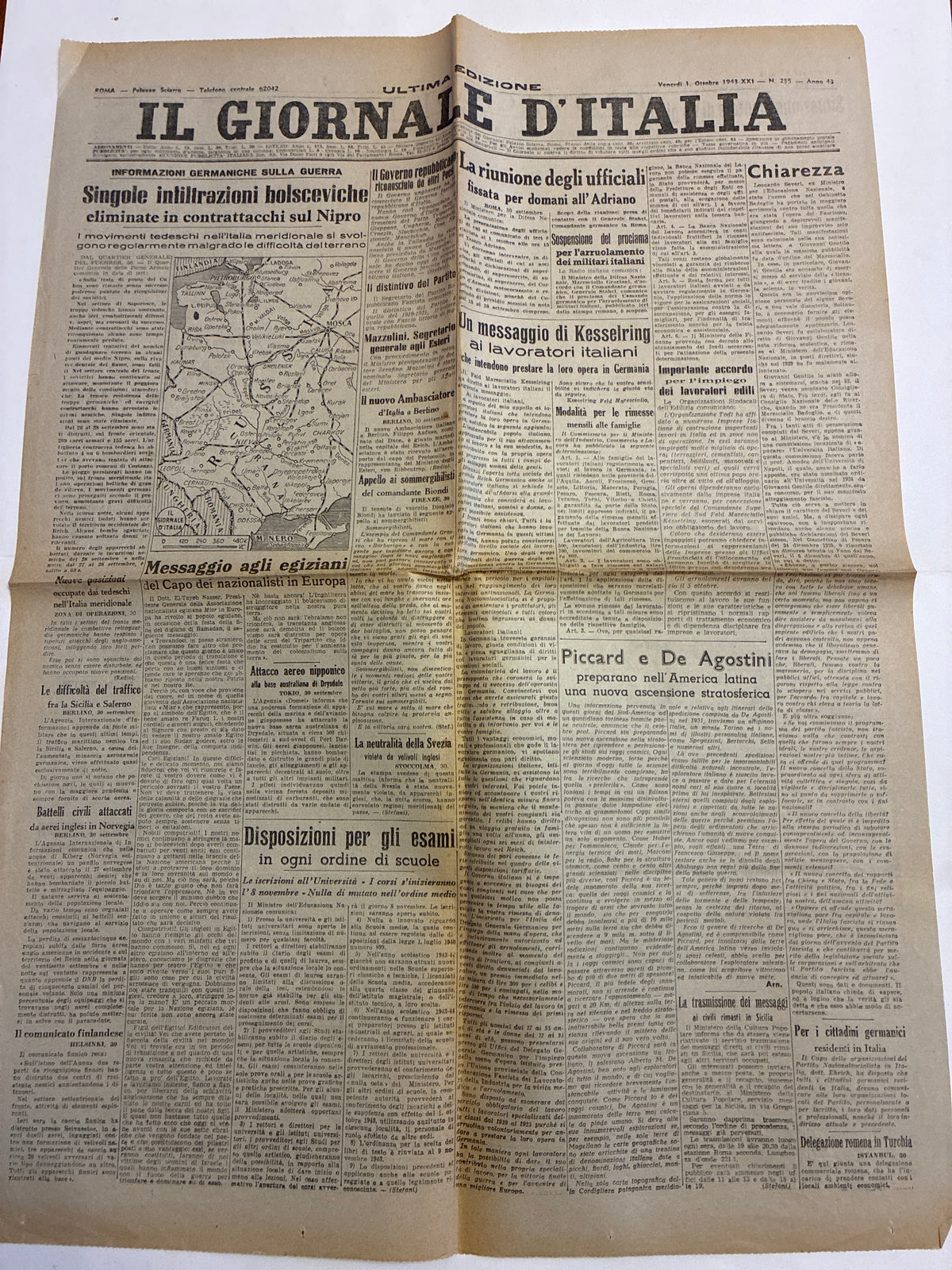 Quotidiano Storico Il Giornale d'Italia 1 Ottobre 1943 RSI Fascismo Costituente