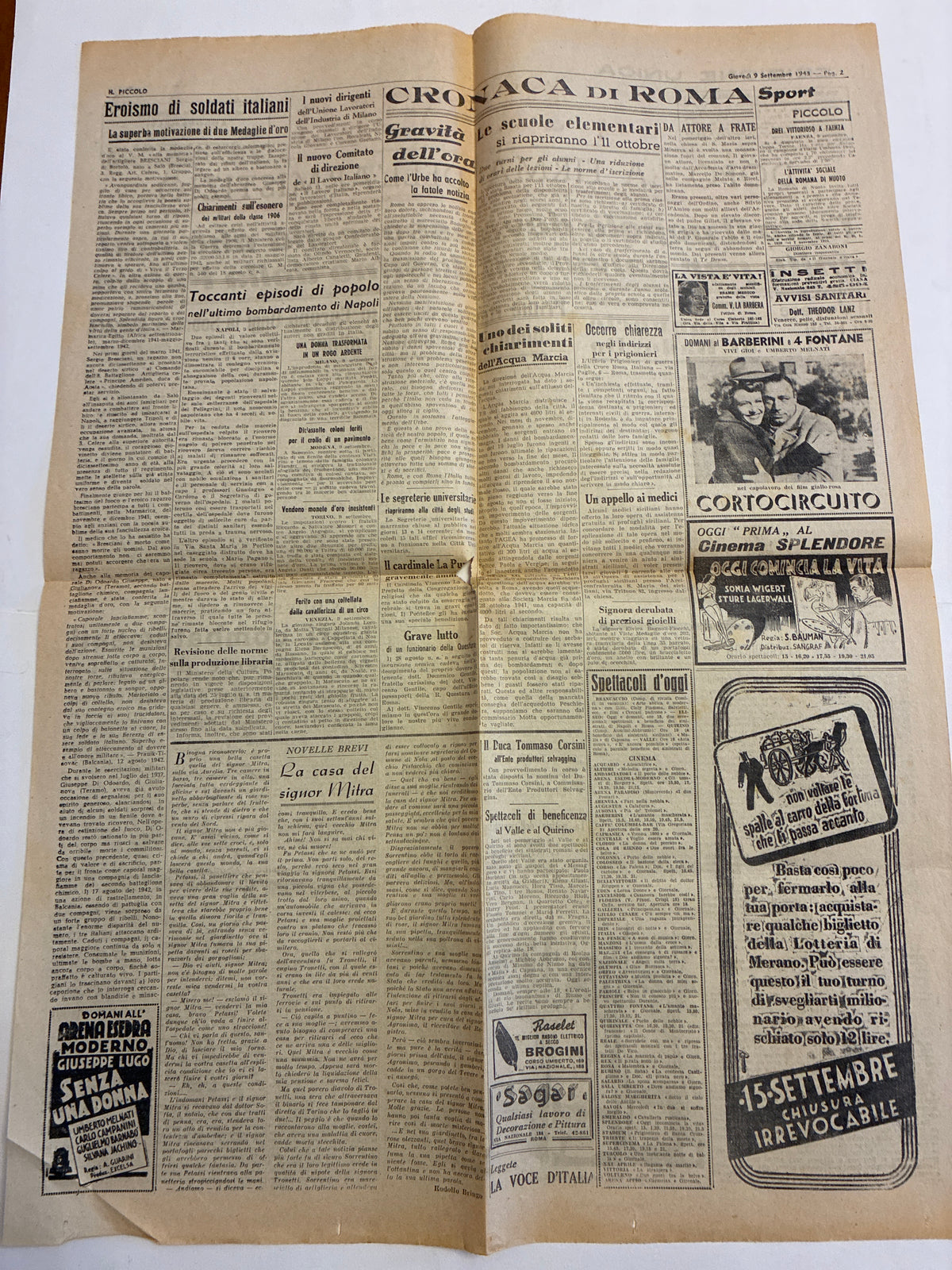 Quotidiano Storico Il Piccolo Trieste 9-10 Settembre 1943 Armistizio Badoglio