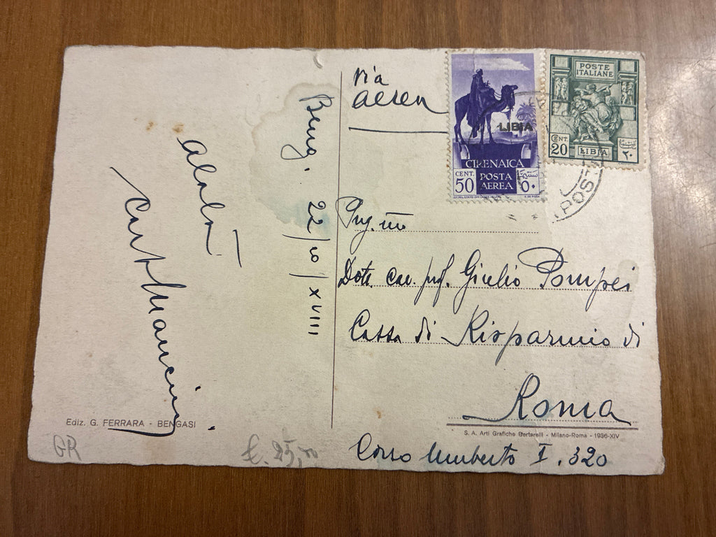 Cirenaica 1940 Cartolina Storica da Bengasi a Roma Affrancatura Mista con Posta Aerea Era Fascista Anno XVIII Saluto Alalà